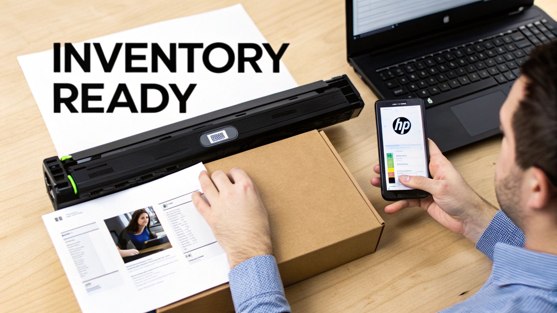 A person uses a smartphone with an HP app to manage inventory of a toner cartridge on a desk.