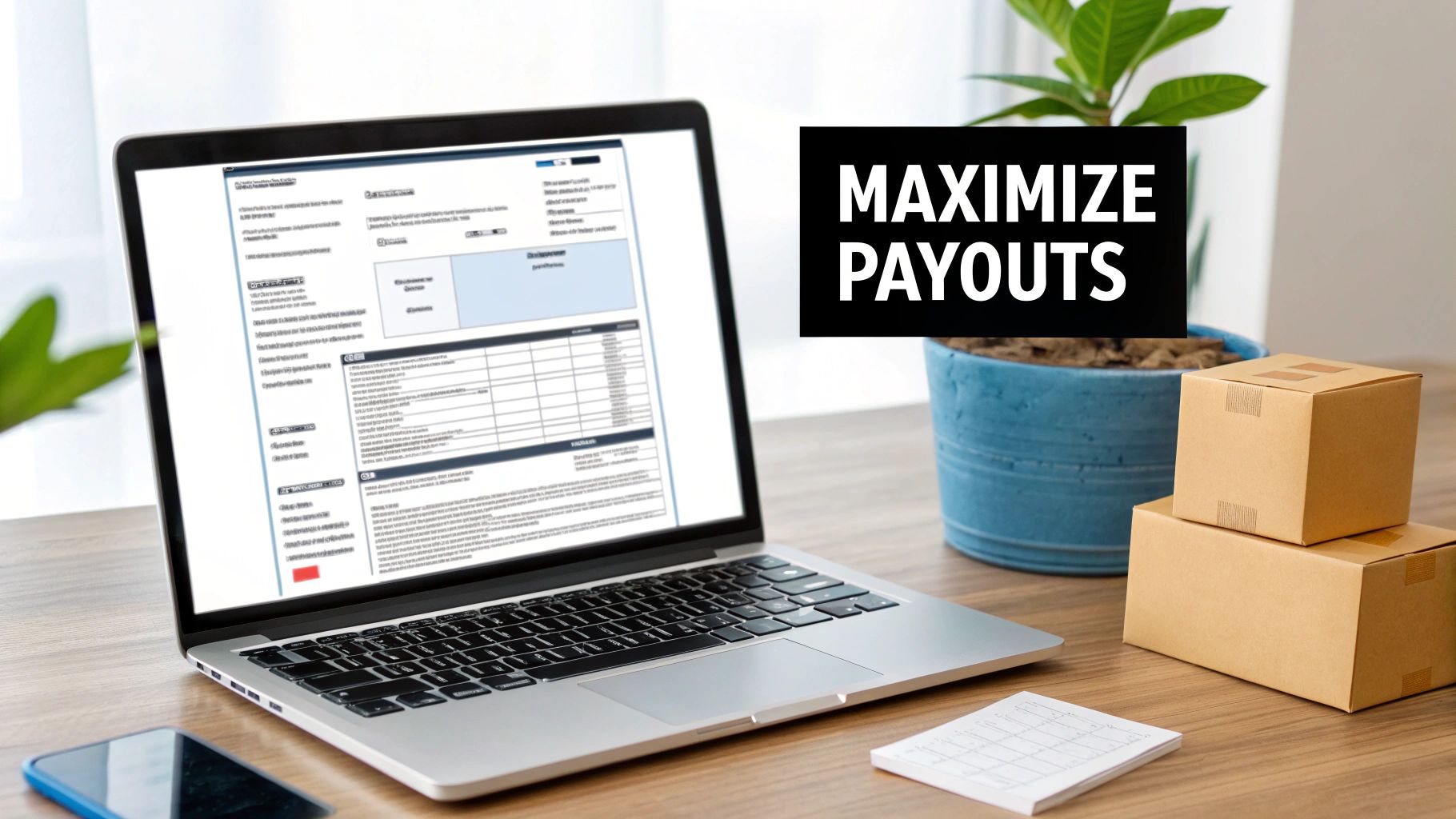 A home office desk with a laptop, plant, cardboard boxes, and a 'MAXIMIZE PAYOUTS' banner.