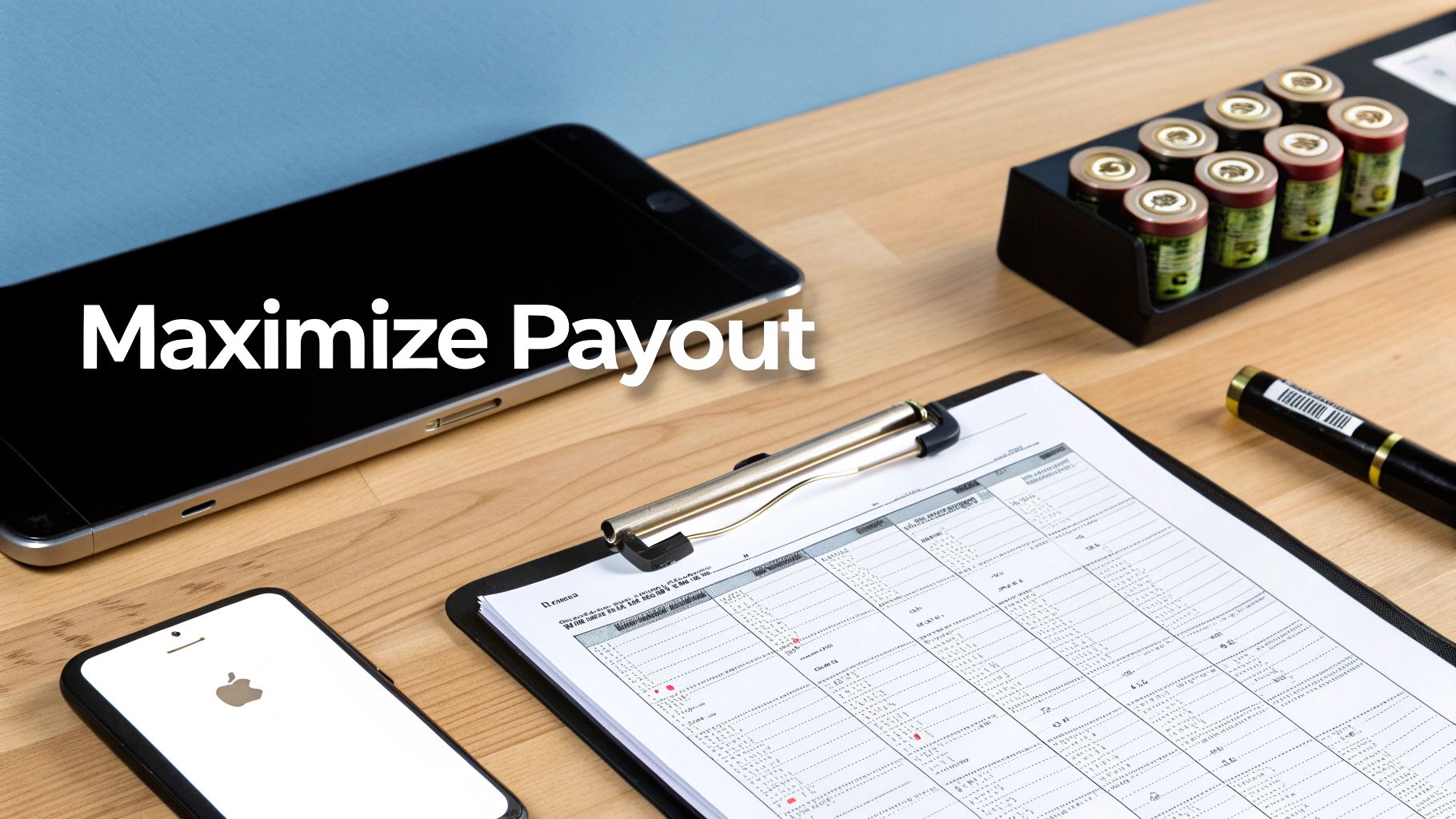 A desk with smartphones, a clipboard, pen, and a holder of small bottles, featuring 'Maximize Payout' text.