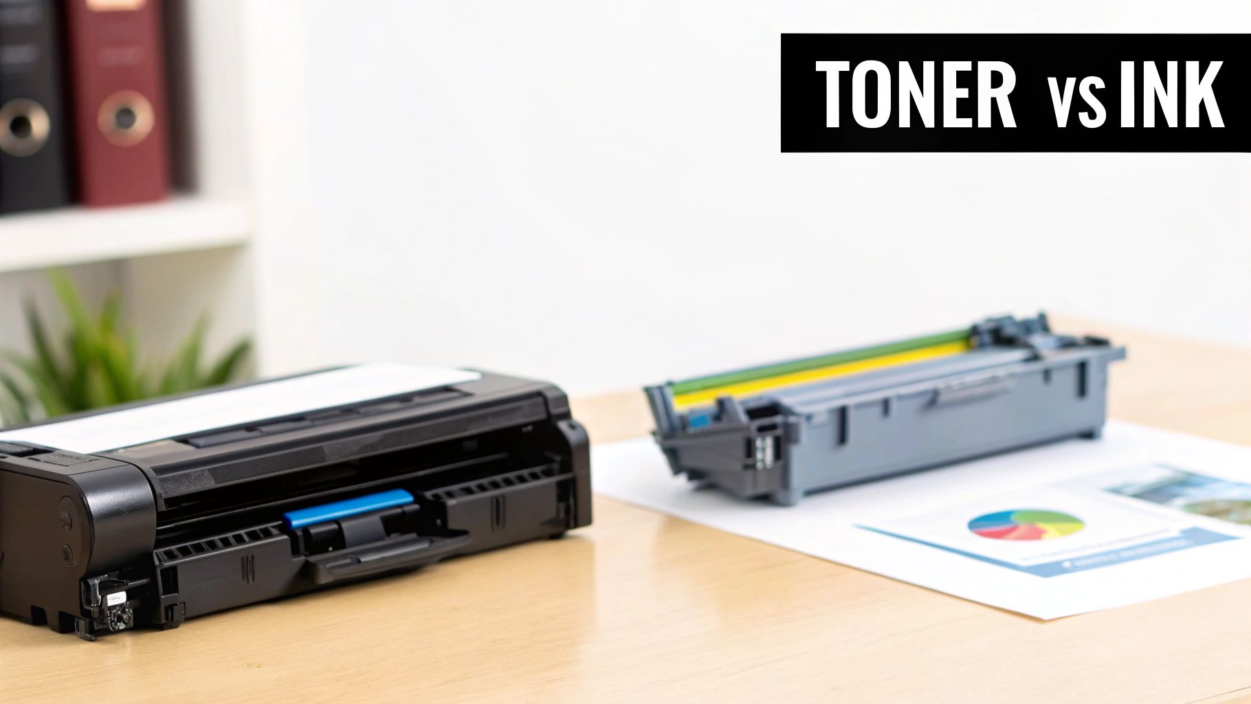 A toner cartridge and an ink cartridge are displayed on a desk, illustrating 'Toner vs Ink'.