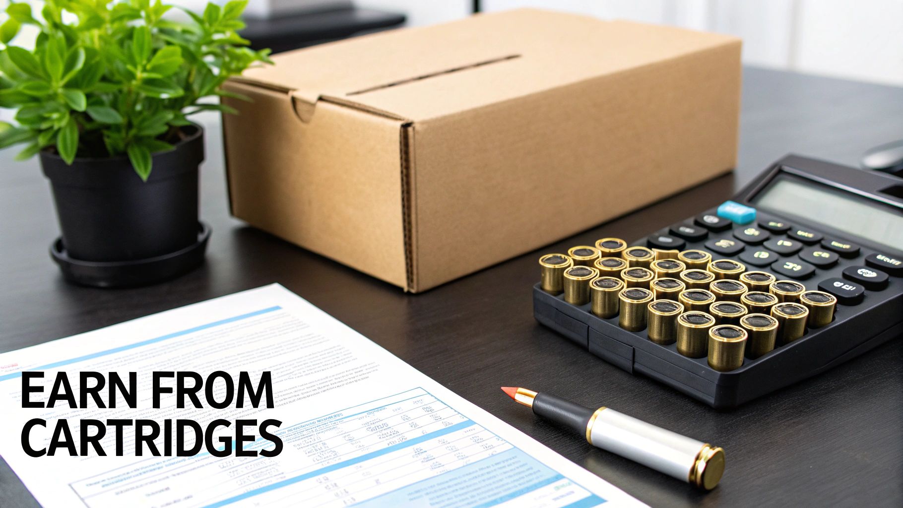 A desk with a plant, a cardboard box, a calculator, a document, and a pen related to earning from cartridges.
