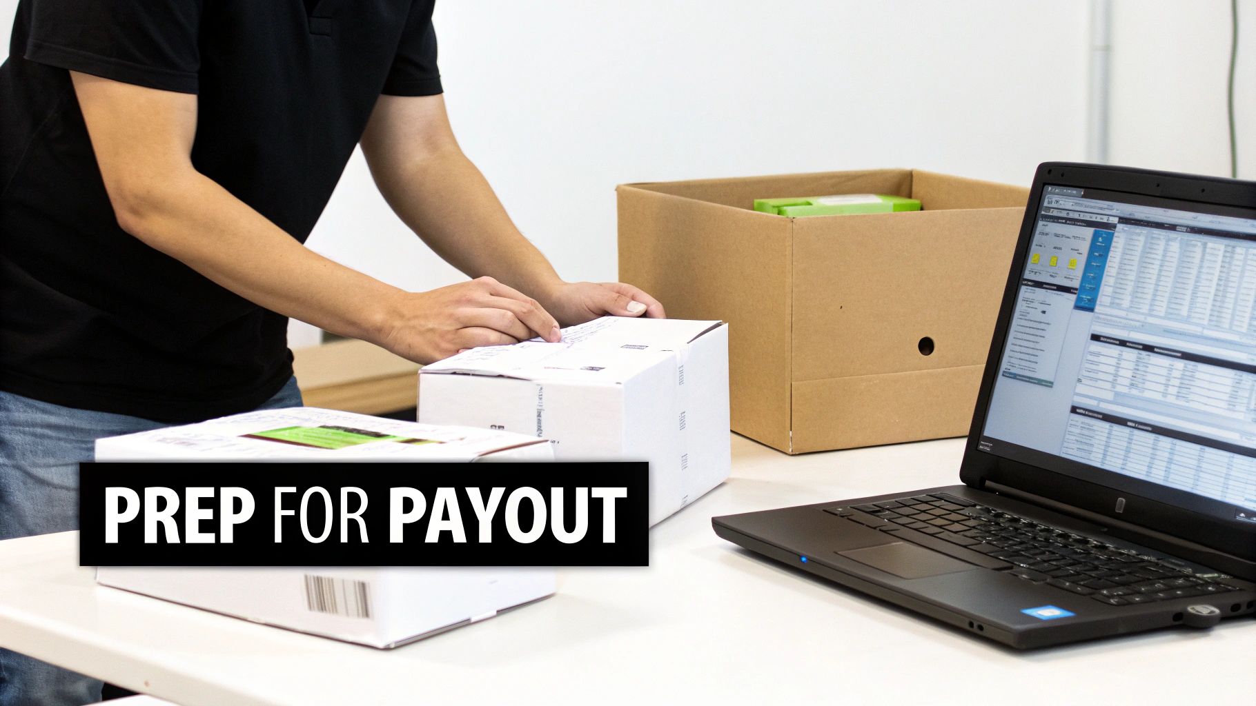 A person's hands are preparing white boxes on a desk next to a laptop and a large cardboard box.