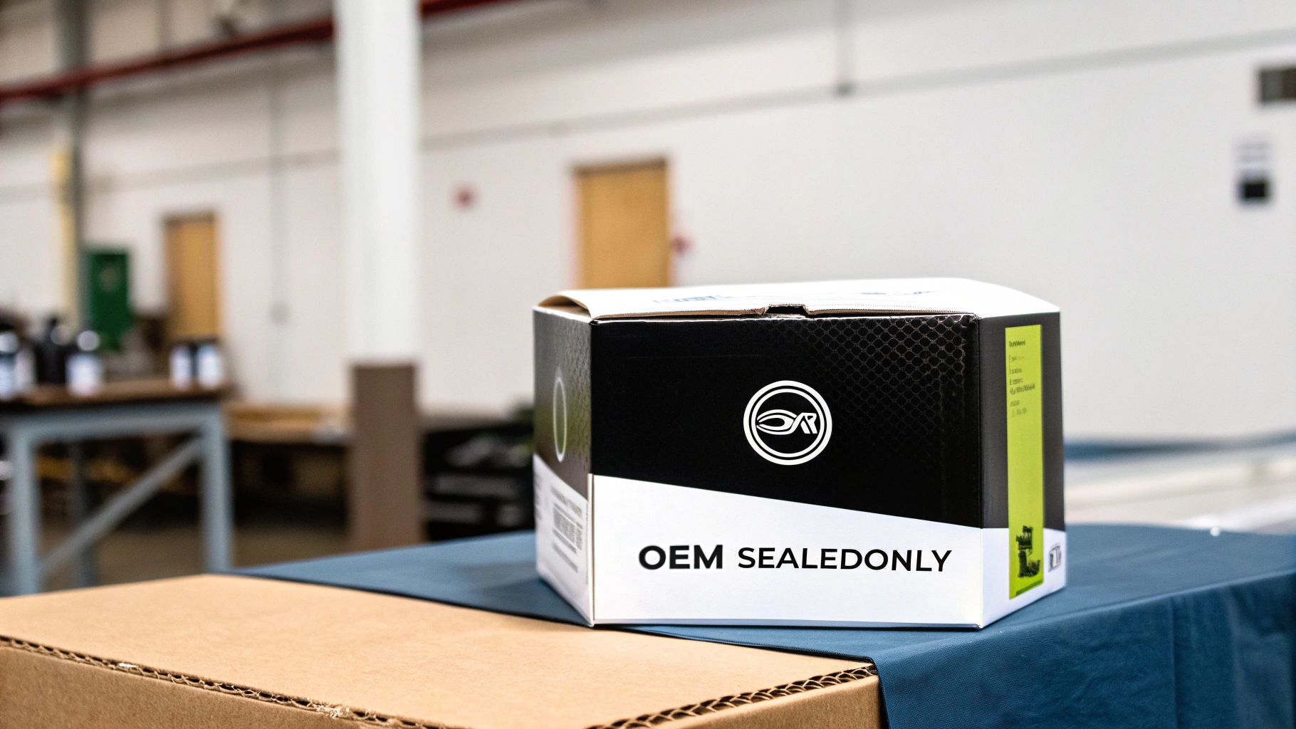 A black and white box labeled 'OEM SEALEDONLY' with a circular fish-like logo on a blue table.