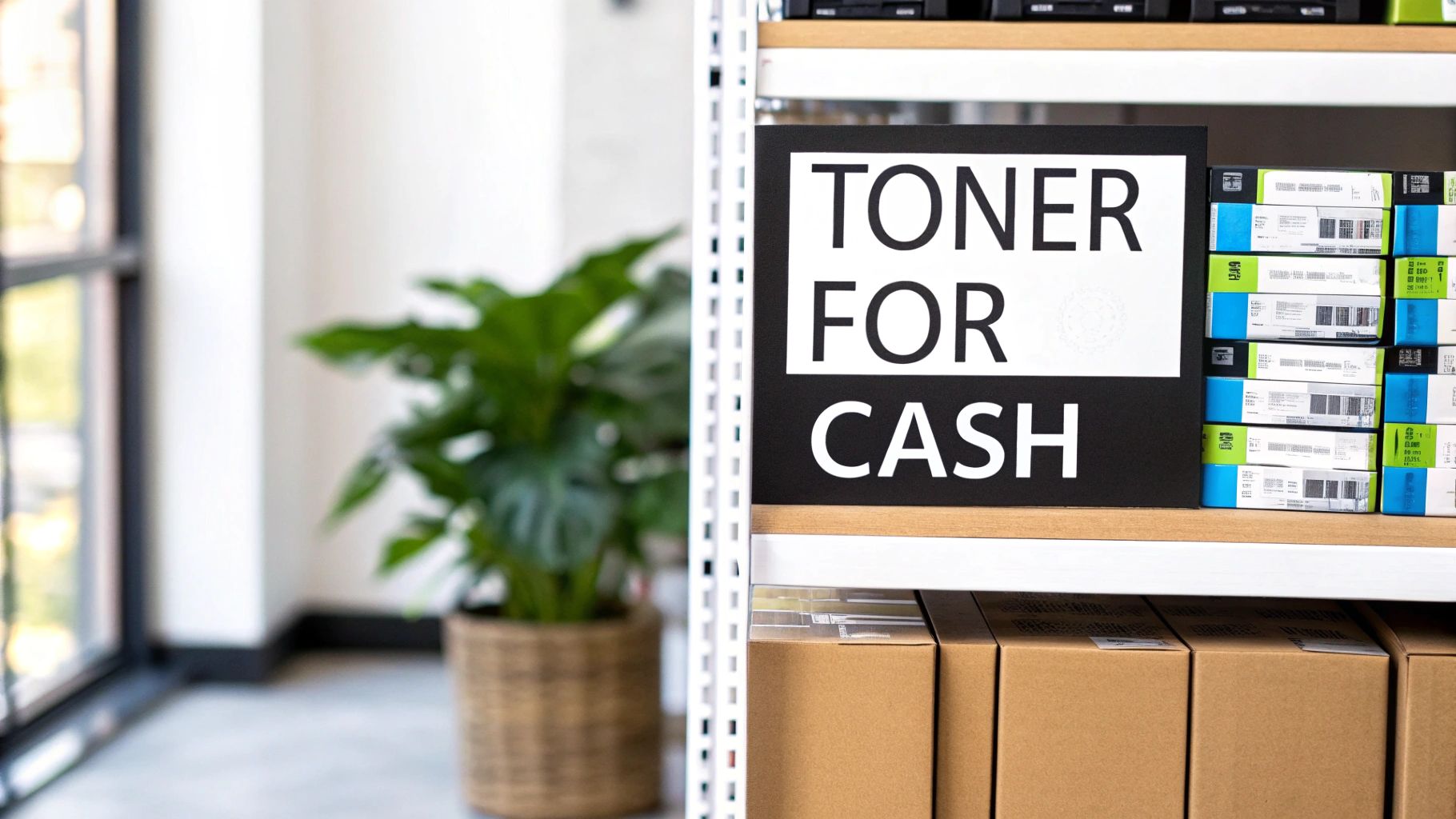 A black sign reading 'TONER FOR CASH' stands on a shelf next to stacked toner boxes.