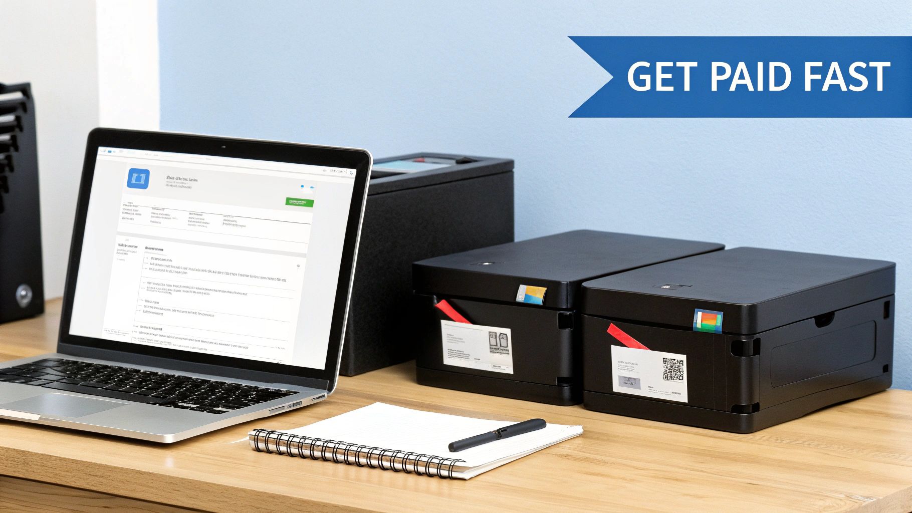 A laptop on a wooden desk displays a business application next to document storage boxes, promoting 'Get Paid Fast'.