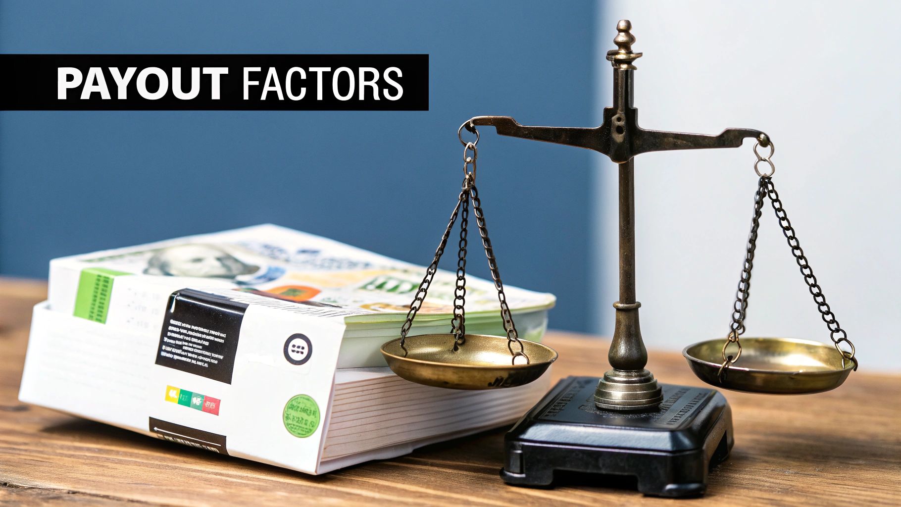 Balance scales weighing ink cartridges against books representing payout factors for selling cartridges