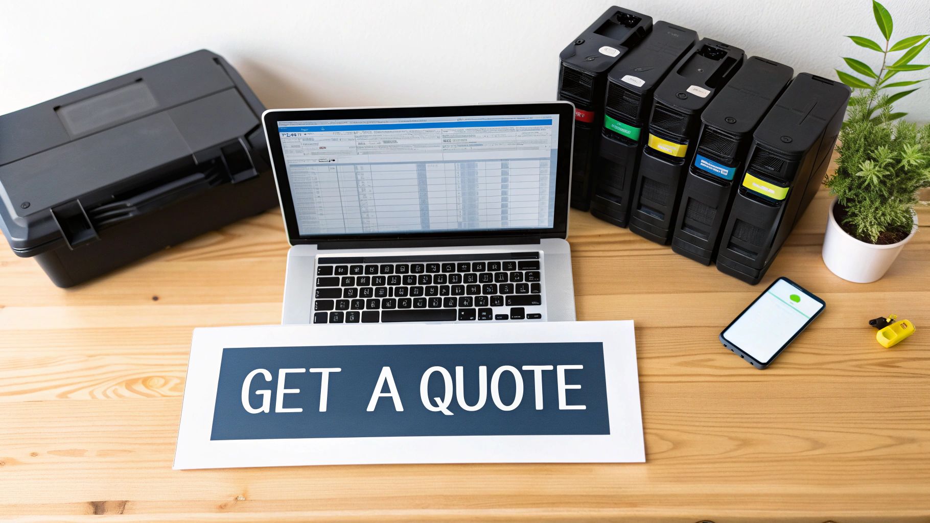 A tidy workspace featuring a laptop displaying data, a stack of black binders, a green plant, and a 'GET A QUOTE' sign on a wooden desk.