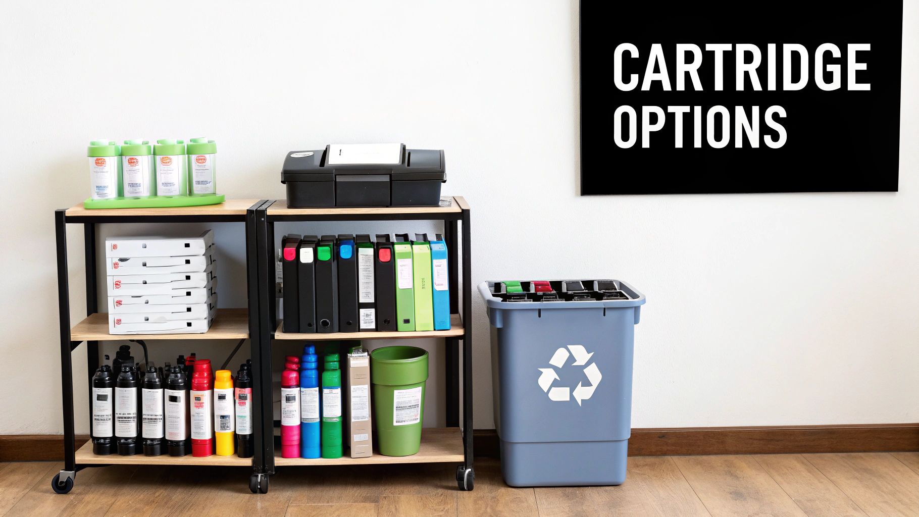 An organized shelf with various new printer cartridges in their boxes
