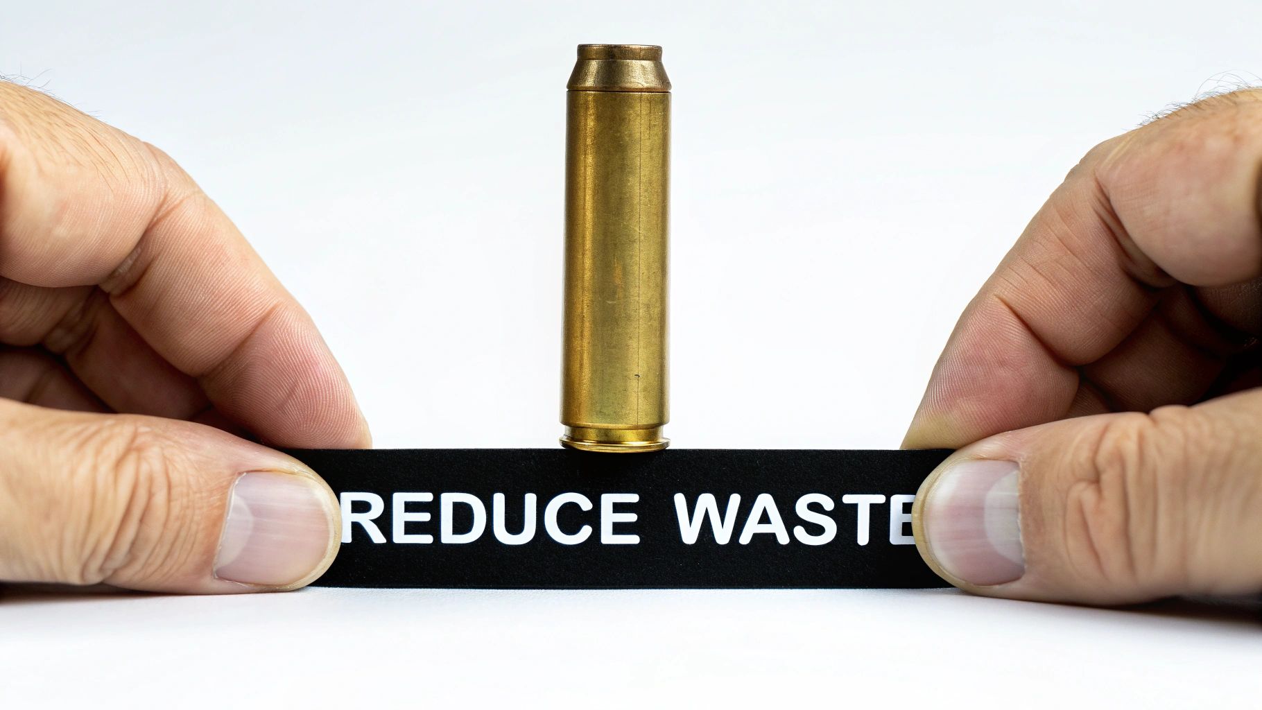 Hands hold a 'REDUCE WASTE' sign with a brass bullet casing standing on it.