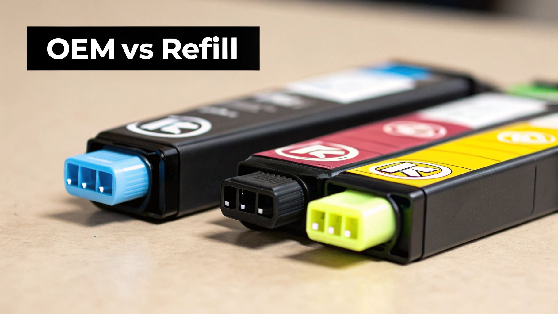 Three colorful printer ink cartridges with distinct caps, displayed with an 'OEM vs Refill' label.