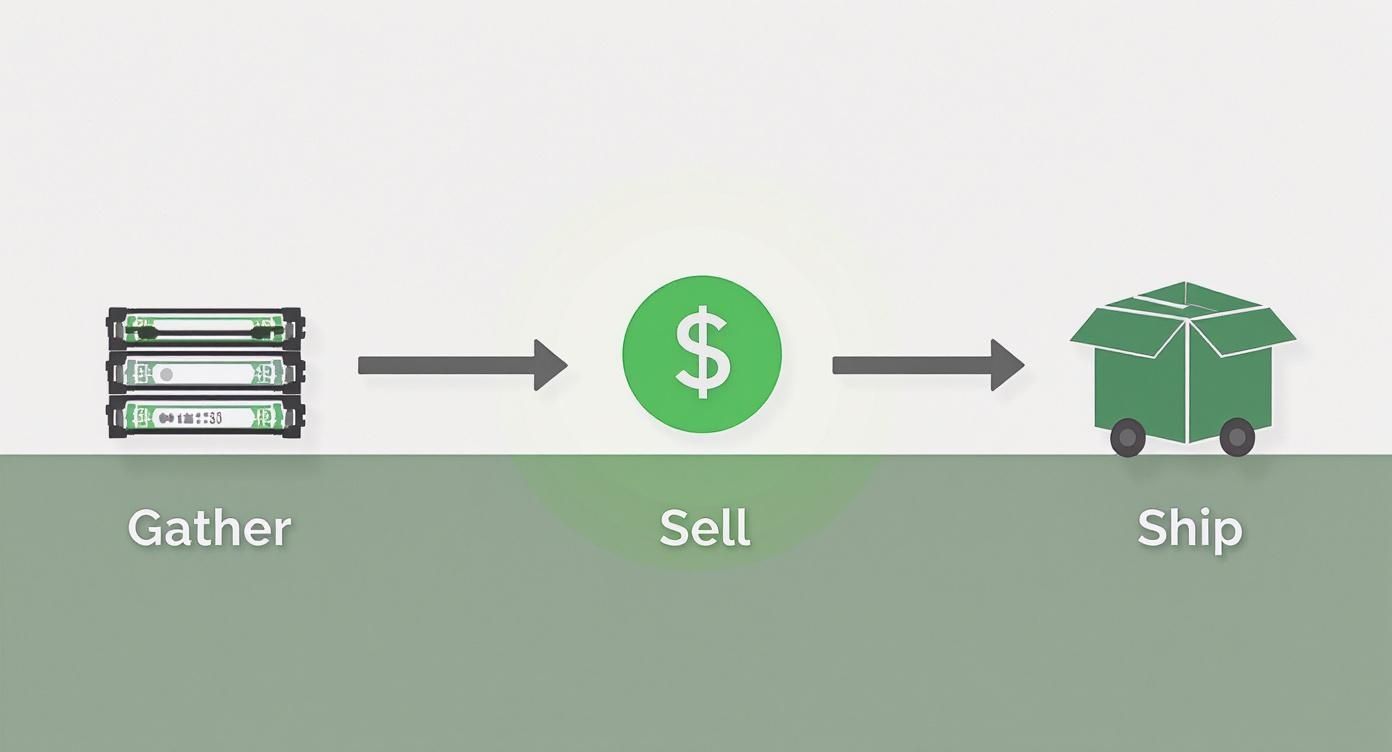 Three step process showing gathering toner cartridges, selling them for cash, and shipping them out