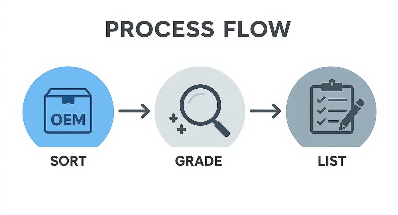 An infographic showing the three-step process for preparing toner cartridges for sale: Sort, Grade, and List, with icons for each step.