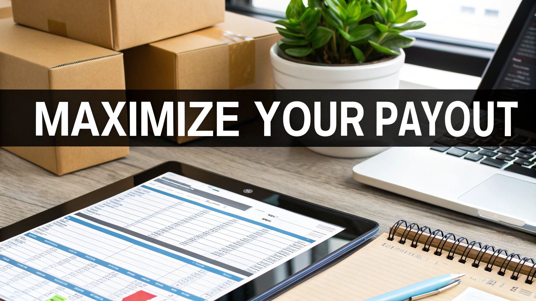 A desk with a tablet showing financial data, shipping boxes, and a laptop with 'MAXIMIZE YOUR PAYOUT' text.
