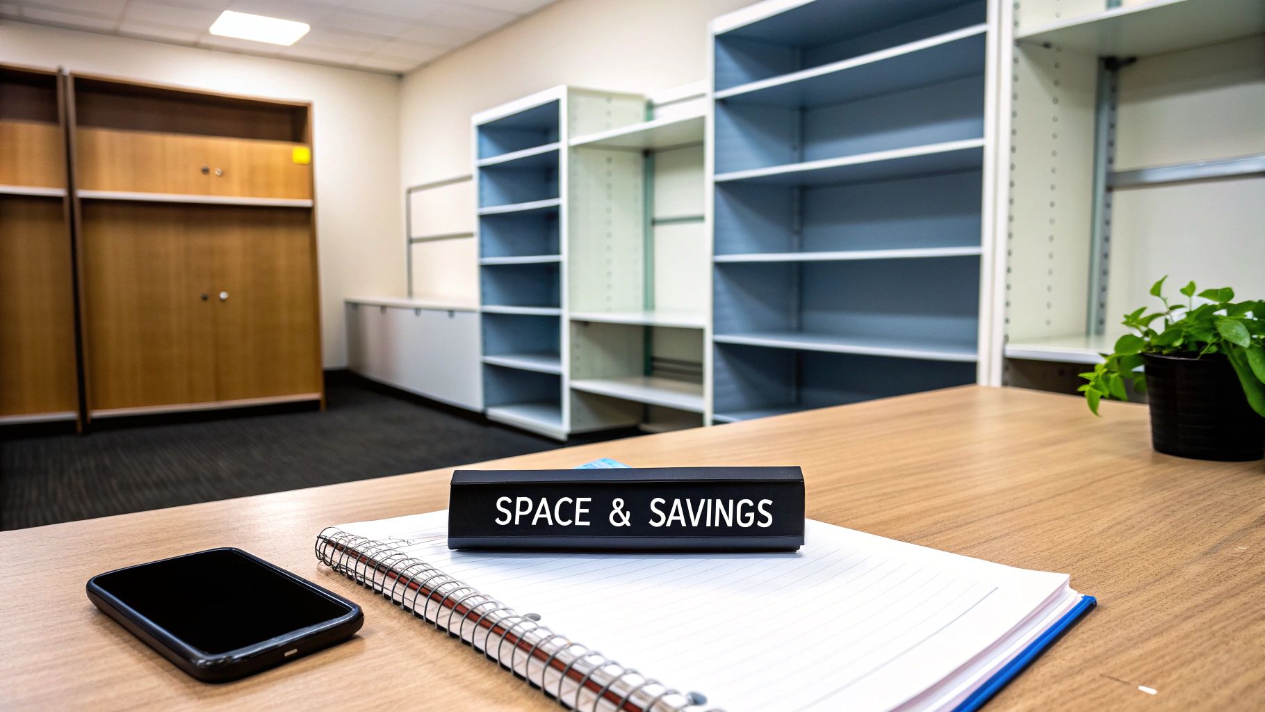An office desk with a 'SPACE & SAVINGS' nameplate, smartphone, notebook, and plant, with empty shelves in the background.