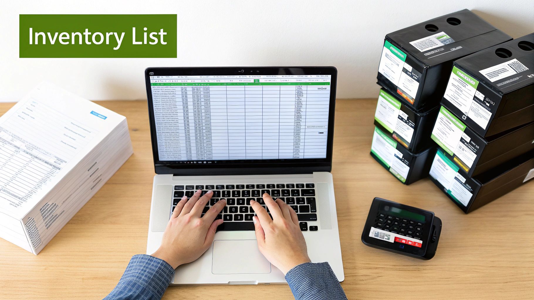 A person is typing on a laptop showing an inventory list, surrounded by printer cartridges and documents.