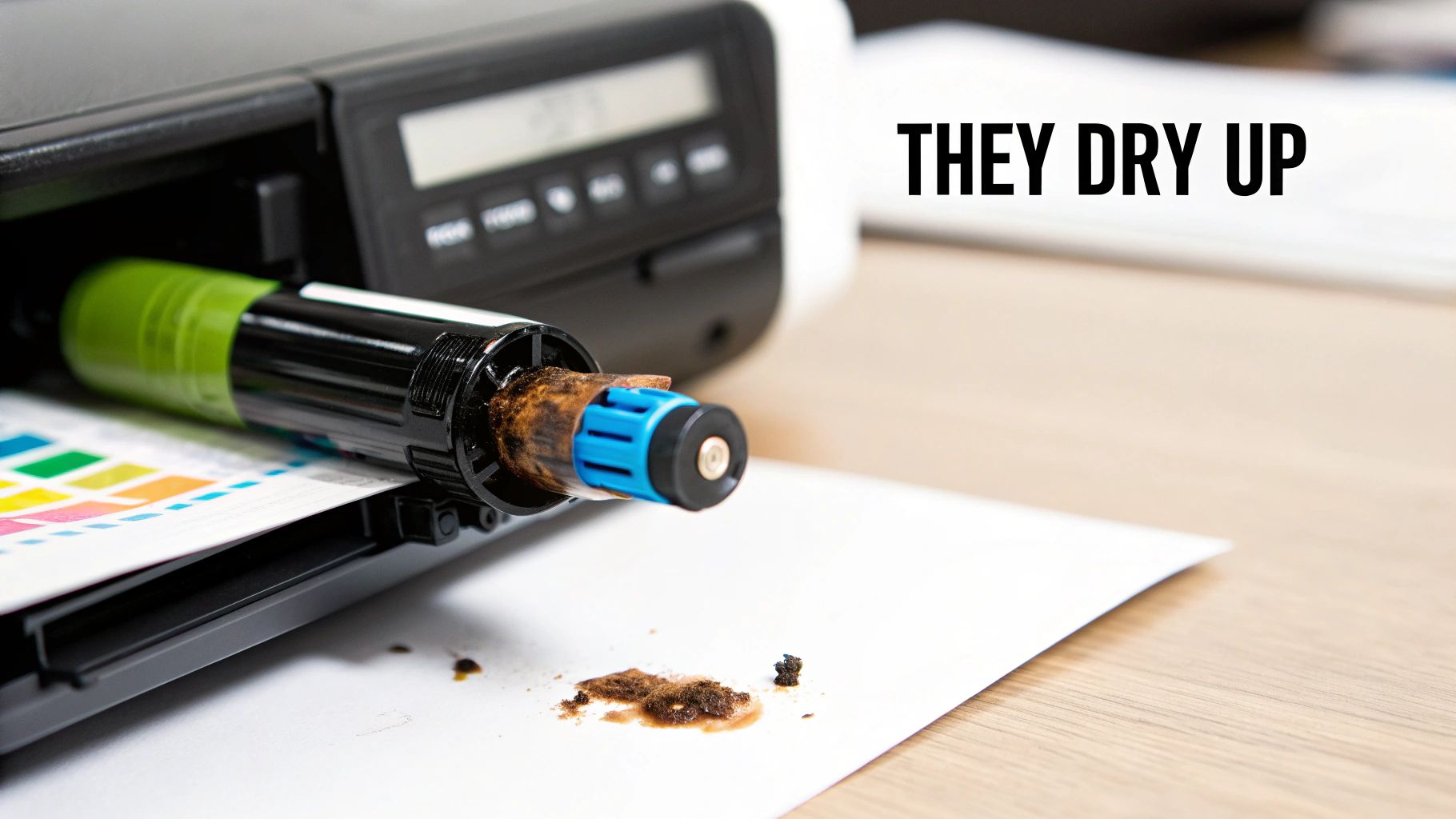 A collection of colorful ink cartridges arranged neatly.