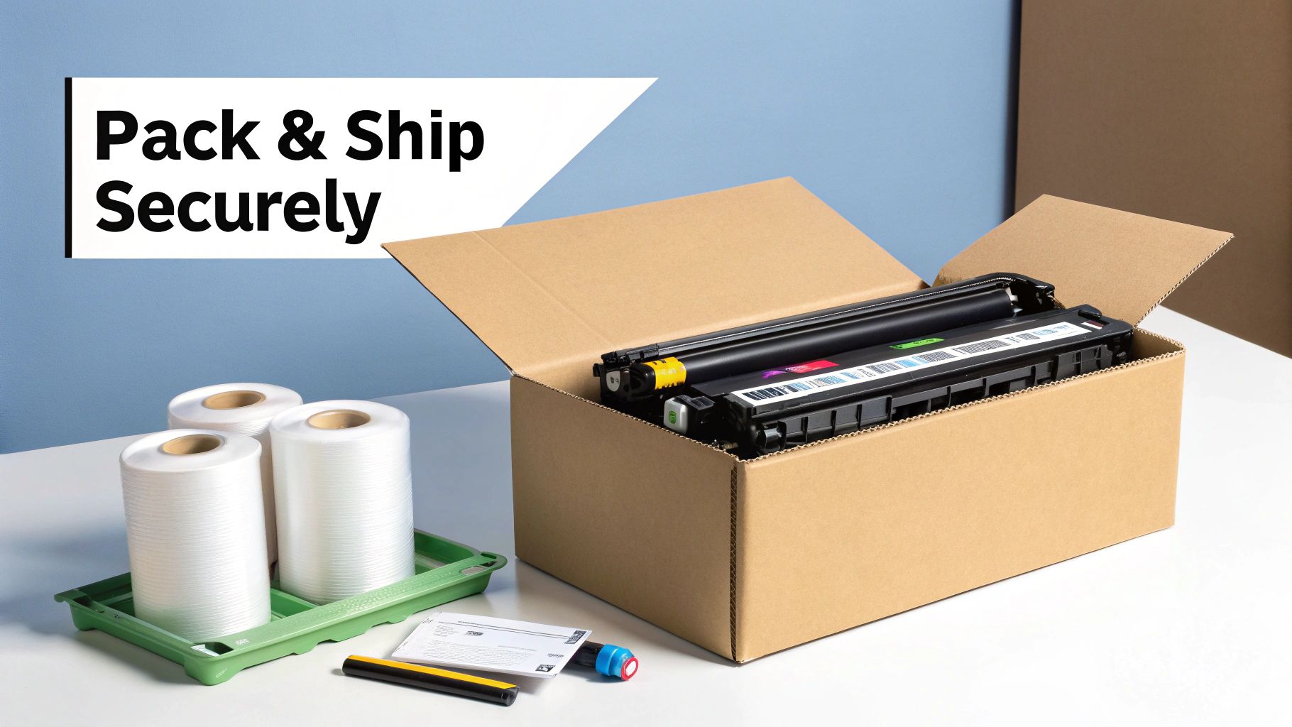A person carefully placing a sealed toner cartridge box into a larger shipping box filled with packing peanuts.