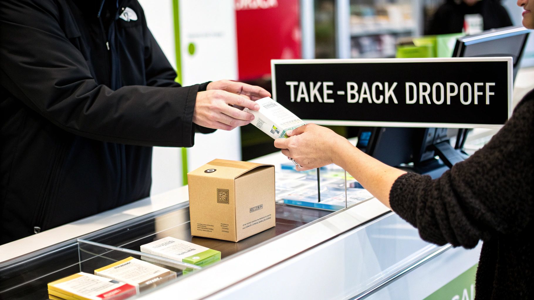 Two people exchanging a small white box at a counter with a 'Take-Back Dropoff' sign.
