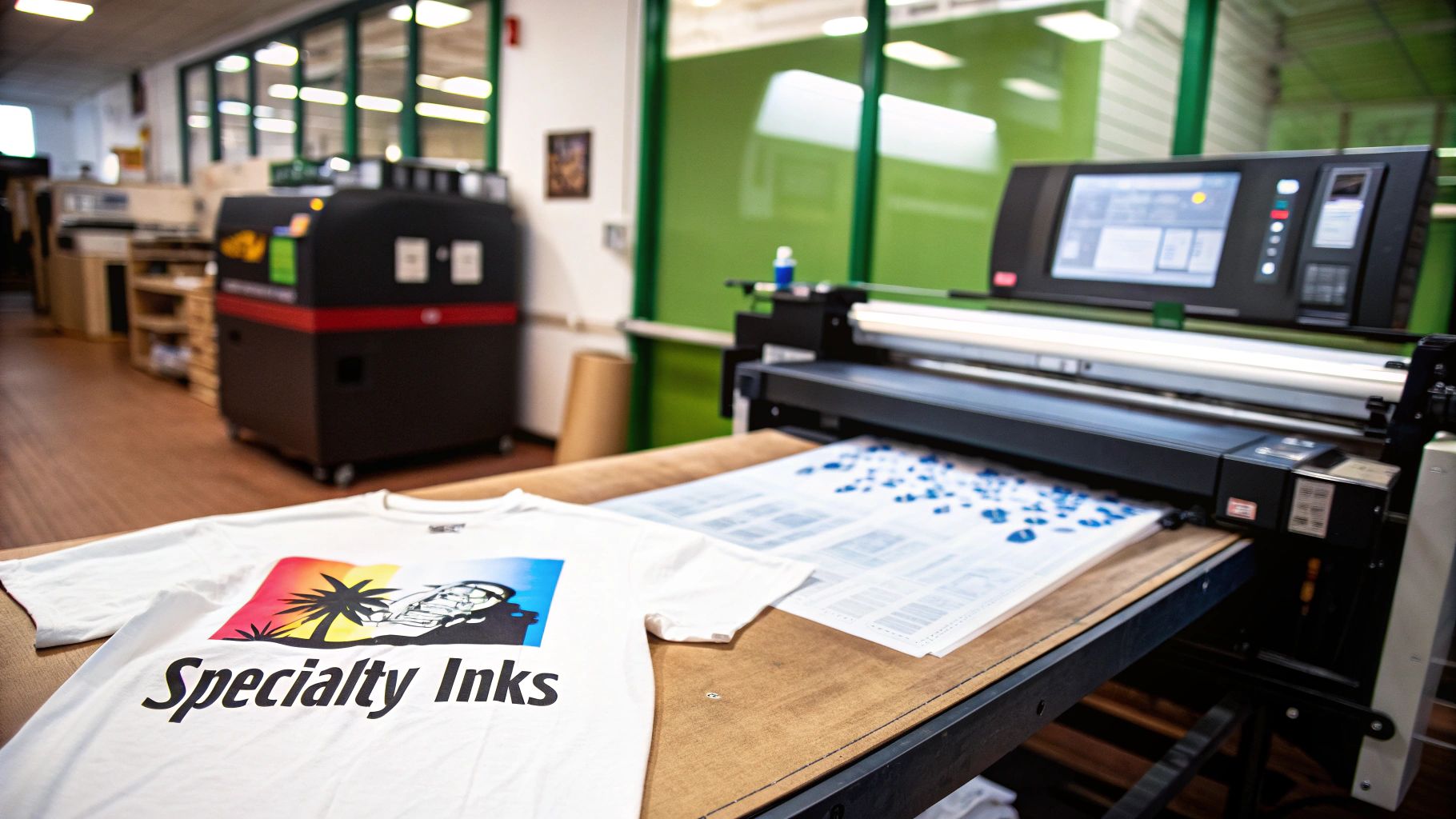 A white t-shirt with a vibrant 'Specialty Inks' logo sits next to a large format printer in a workshop.