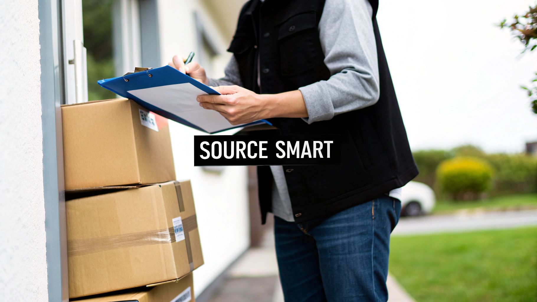 A delivery person in a black vest signs a document on a clipboard next to stacked brown boxes.