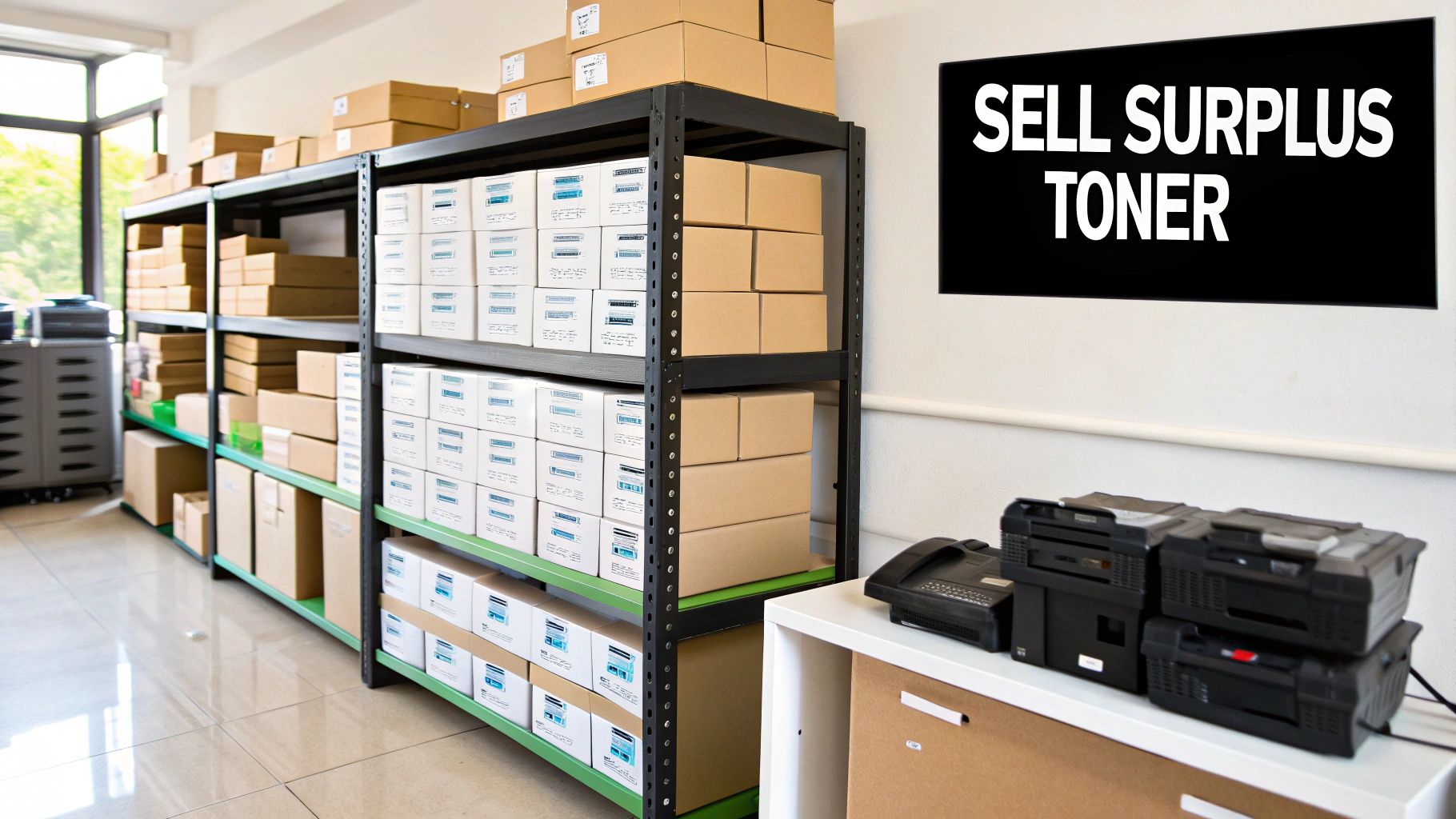A storage room with shelves full of new and surplus toner cartridges, with a sign reading "SELL SURPLUS TONER".