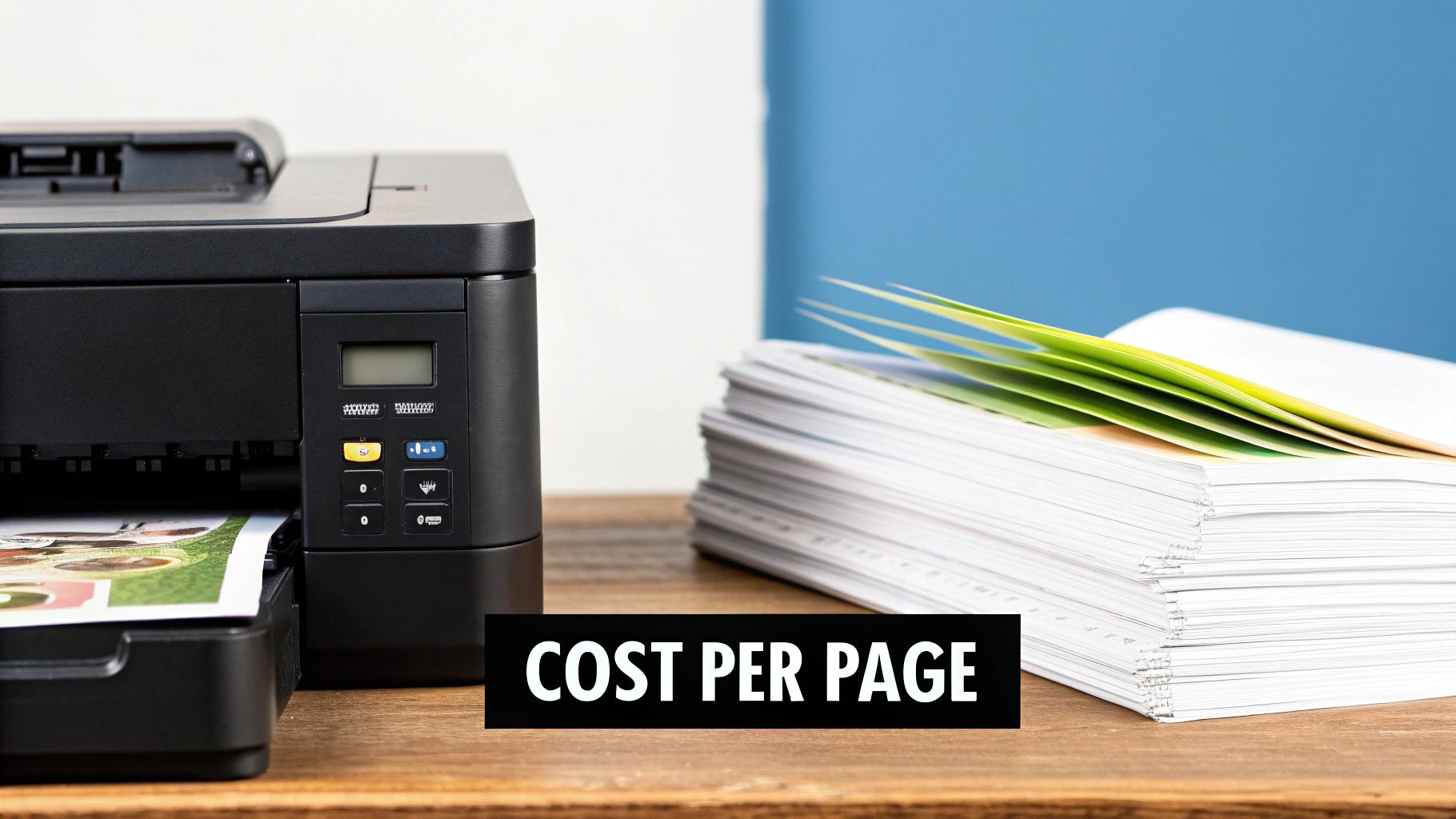 A black printer is printing a colorful document next to a stack of paper, with 'COST PER PAGE' text.