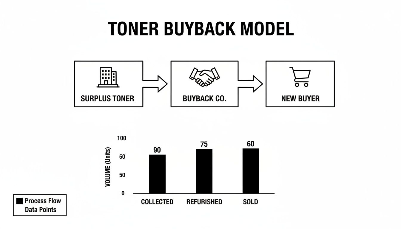 Diagram of a toner buyback model showing surplus toner, buyback company, and new buyer. Bar chart displays collected, refurbished, and sold toner volumes.