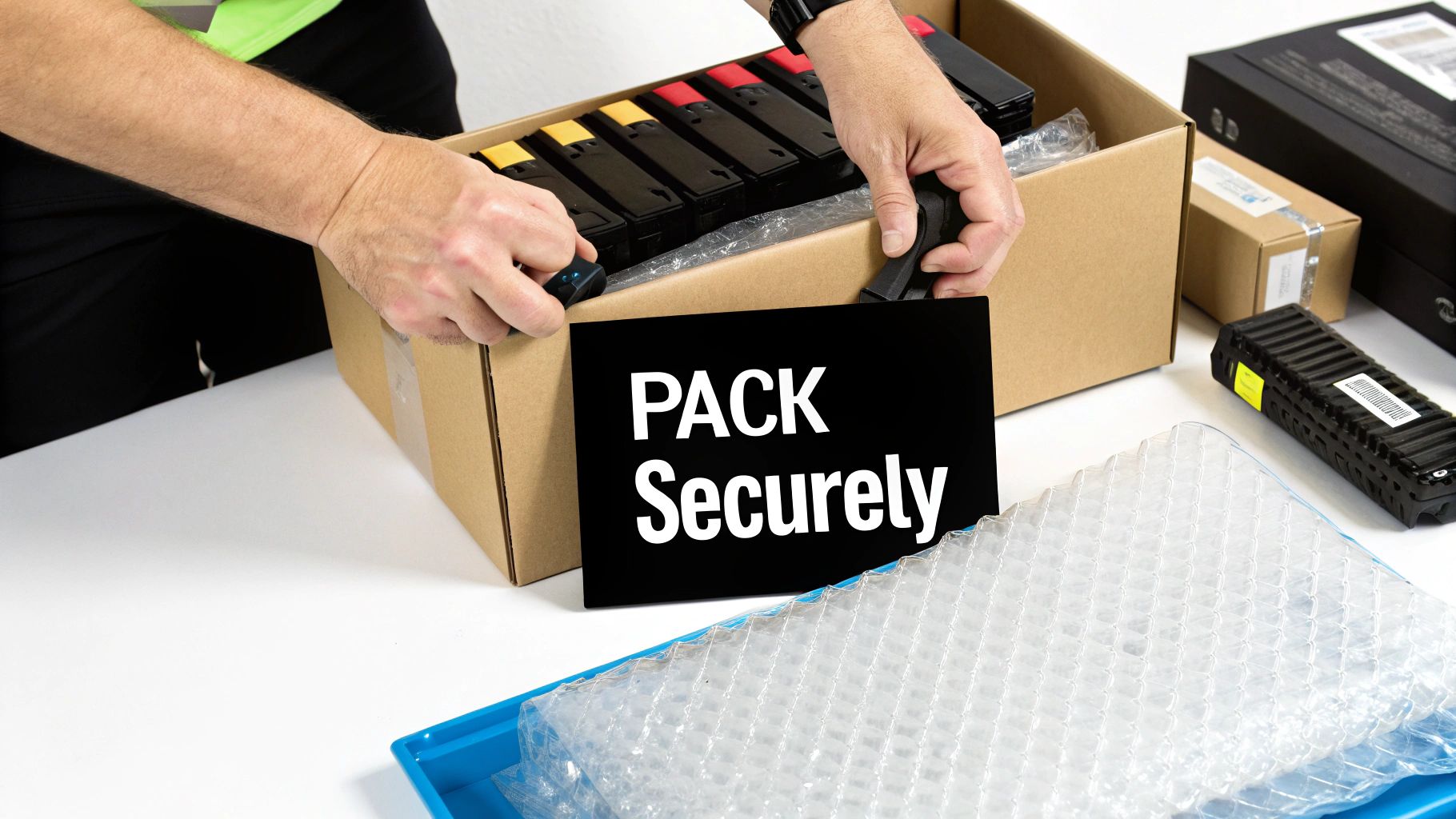 Hands carefully place black and colored printer cartridges into a cardboard shipping box, with a 'PACK Securely' sign.