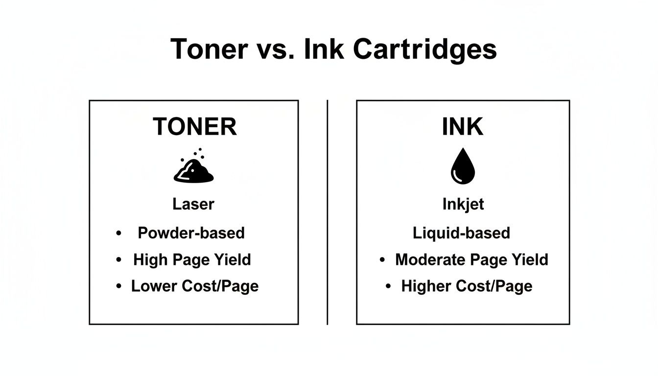 A comparison chart highlighting the differences between toner and ink cartridges, including technology, composition, yield, and cost.