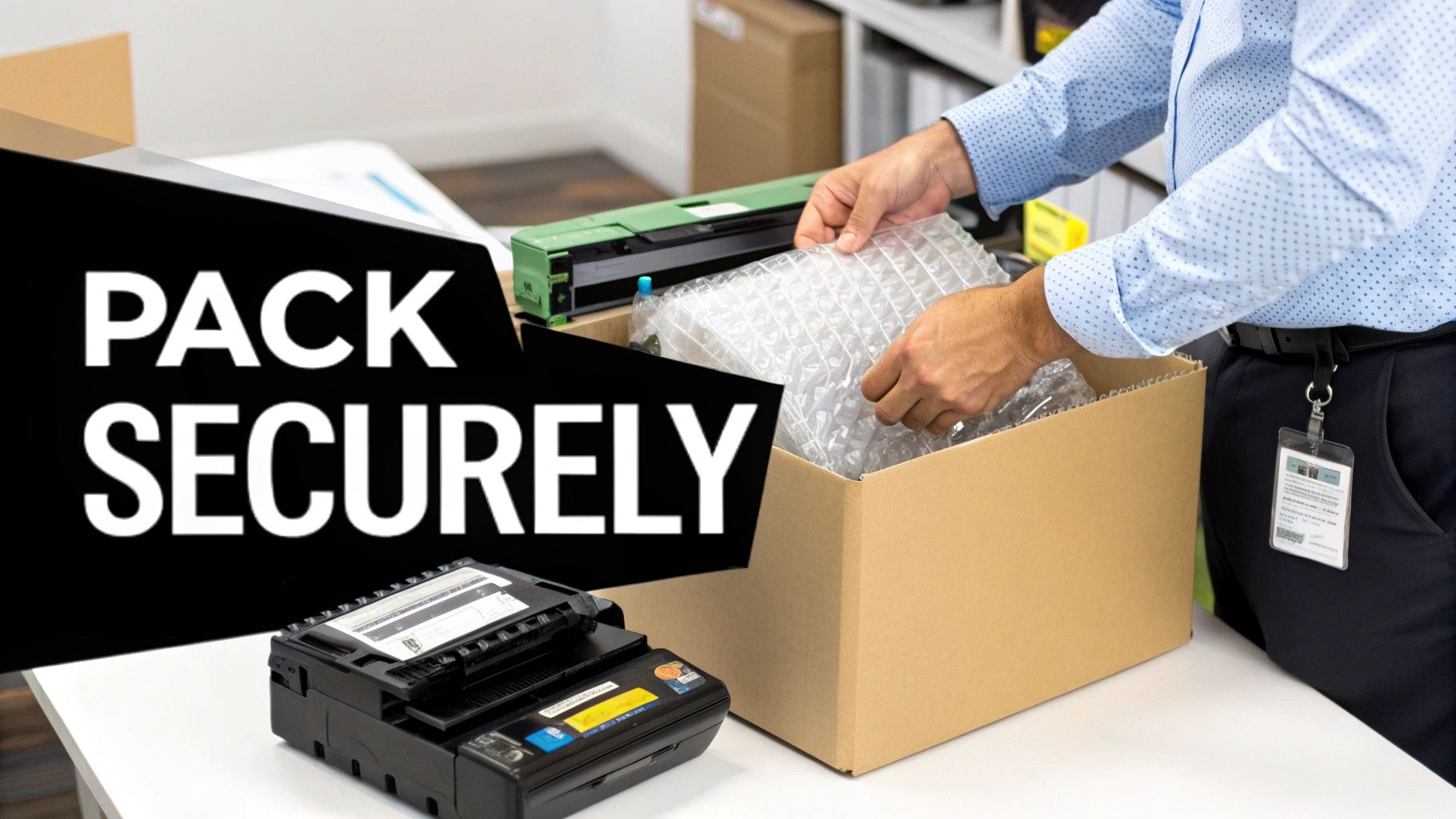 Person packing a printer cartridge securely into a cardboard box with bubble wrap for shipping.