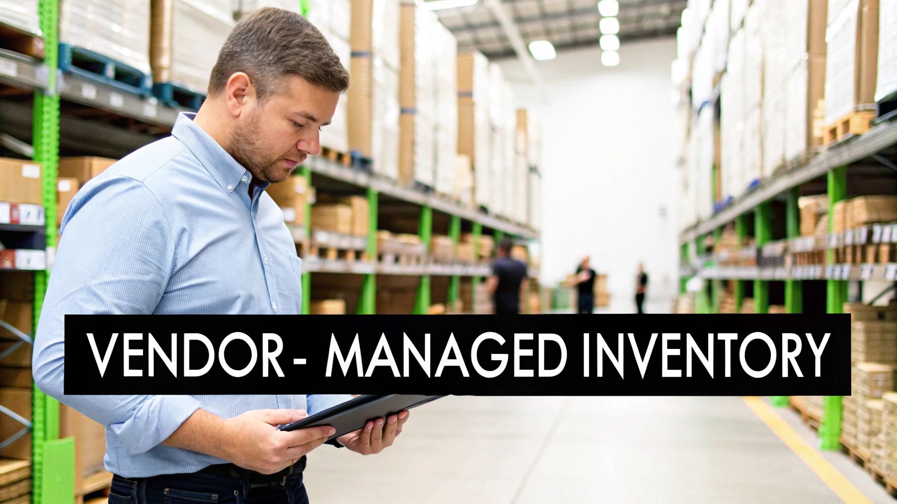 A man in a warehouse reviews inventory on a tablet, with shelves of boxes in the background.