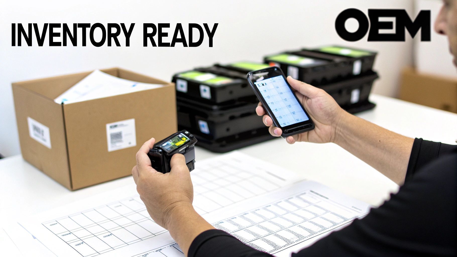 A person uses a handheld scanner and a smartphone to manage inventory, with boxes and stacked products on a table.