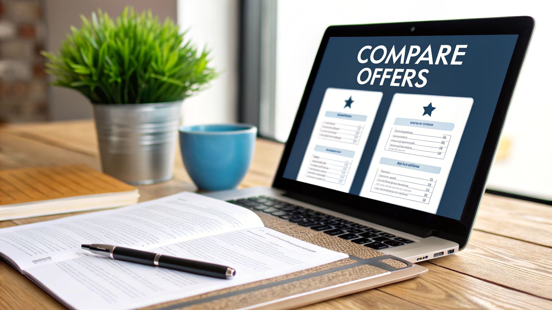 A person using a laptop to compare different offers, with icons representing money and shipping.