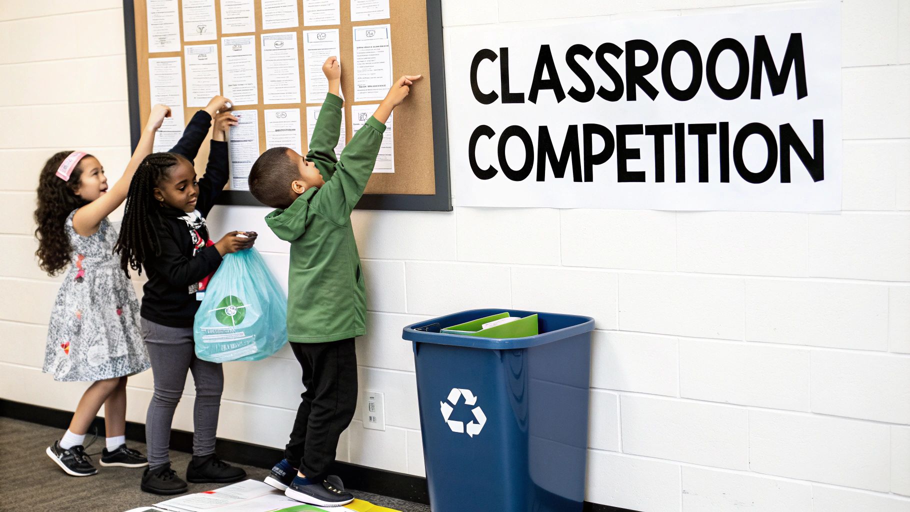 Three children participate in a school classroom competition, interacting with a bulletin board and a recycling bin.