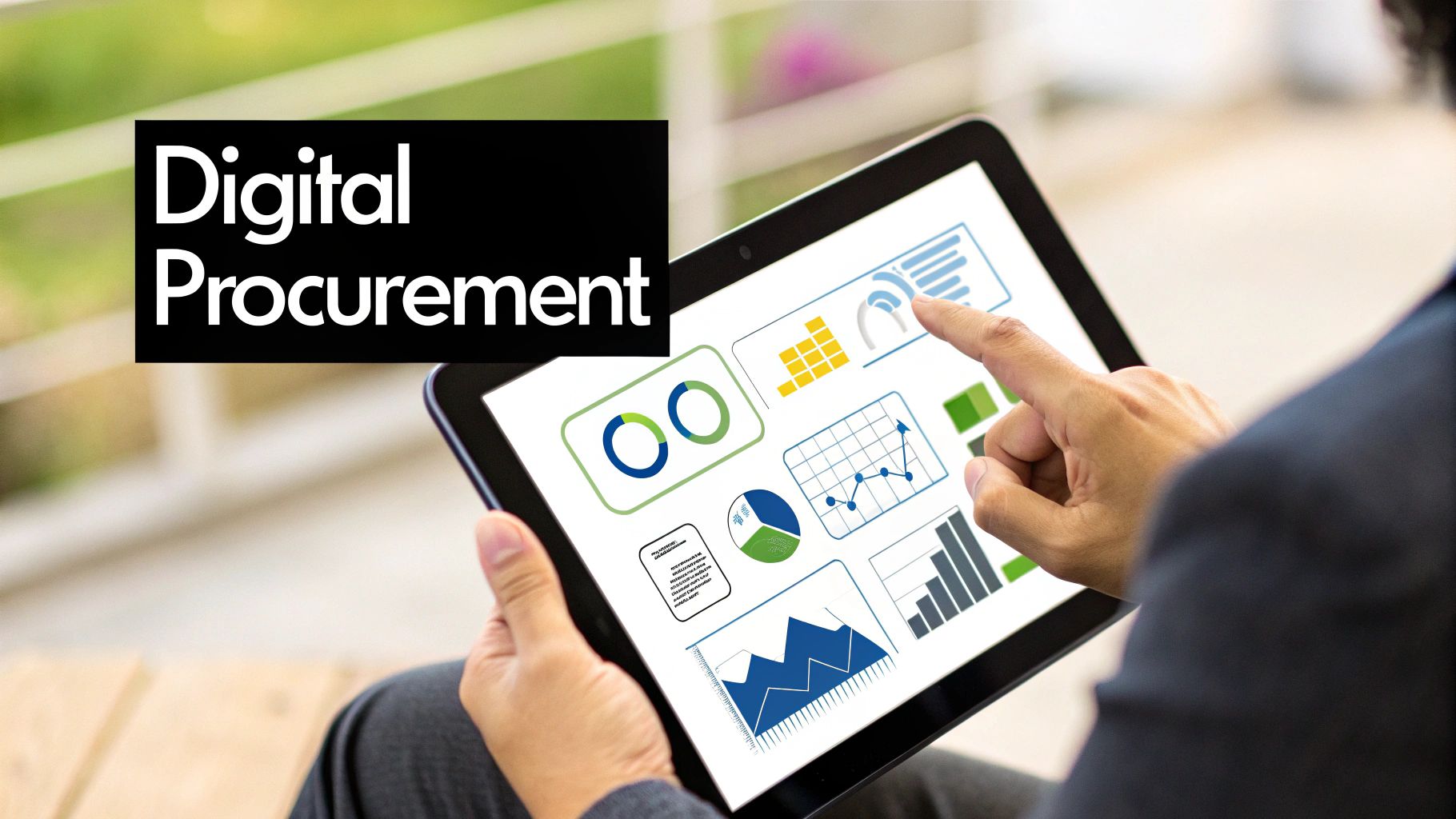 A person's hands interacting with a tablet displaying various digital procurement charts and graphs.