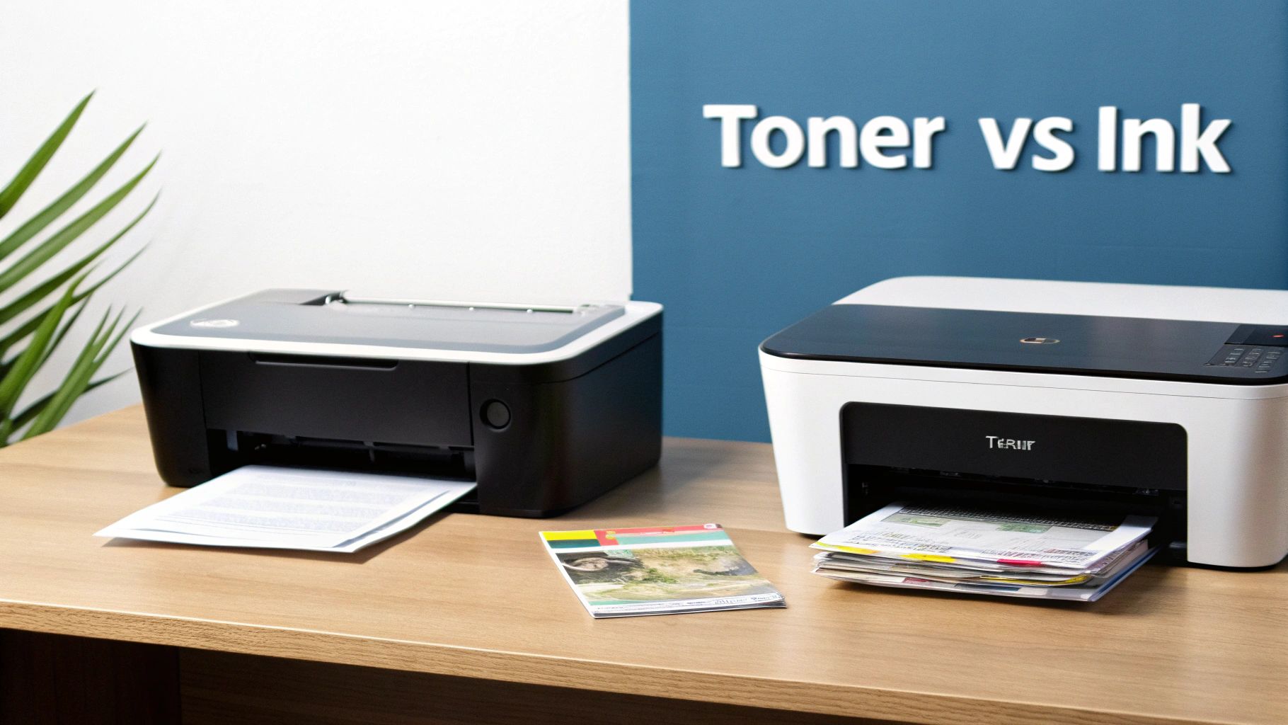 Two printers, a black one and a white one, on a wooden desk, highlighting toner vs ink comparison.