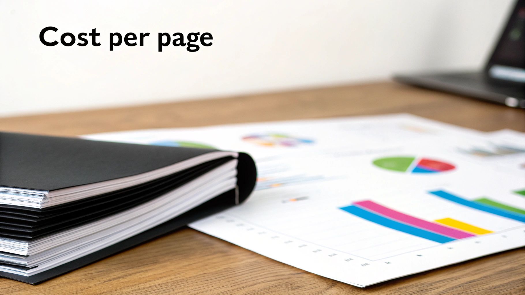 A black folder and documents with colorful charts are spread on a desk, with 'Cost per page' text.
