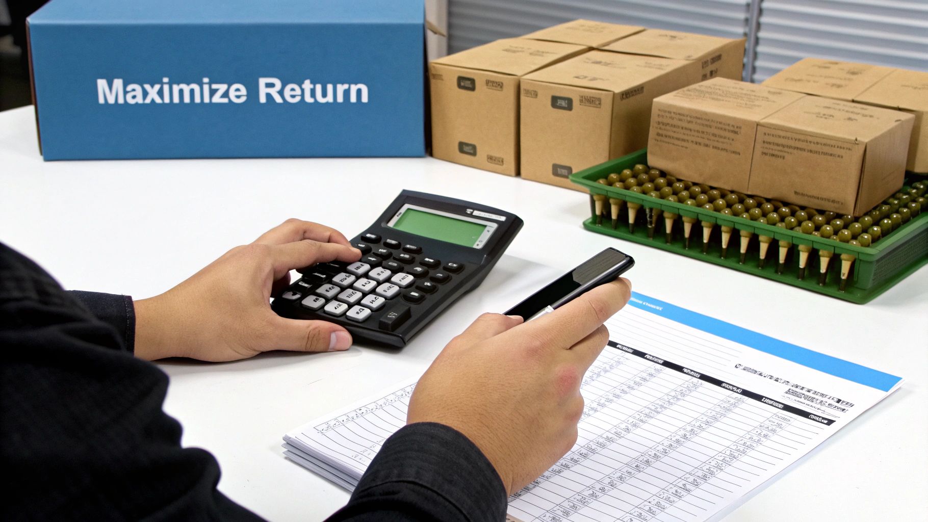 Person calculating printer cartridge recycling returns with calculator, inventory spreadsheet, and boxed cartridges