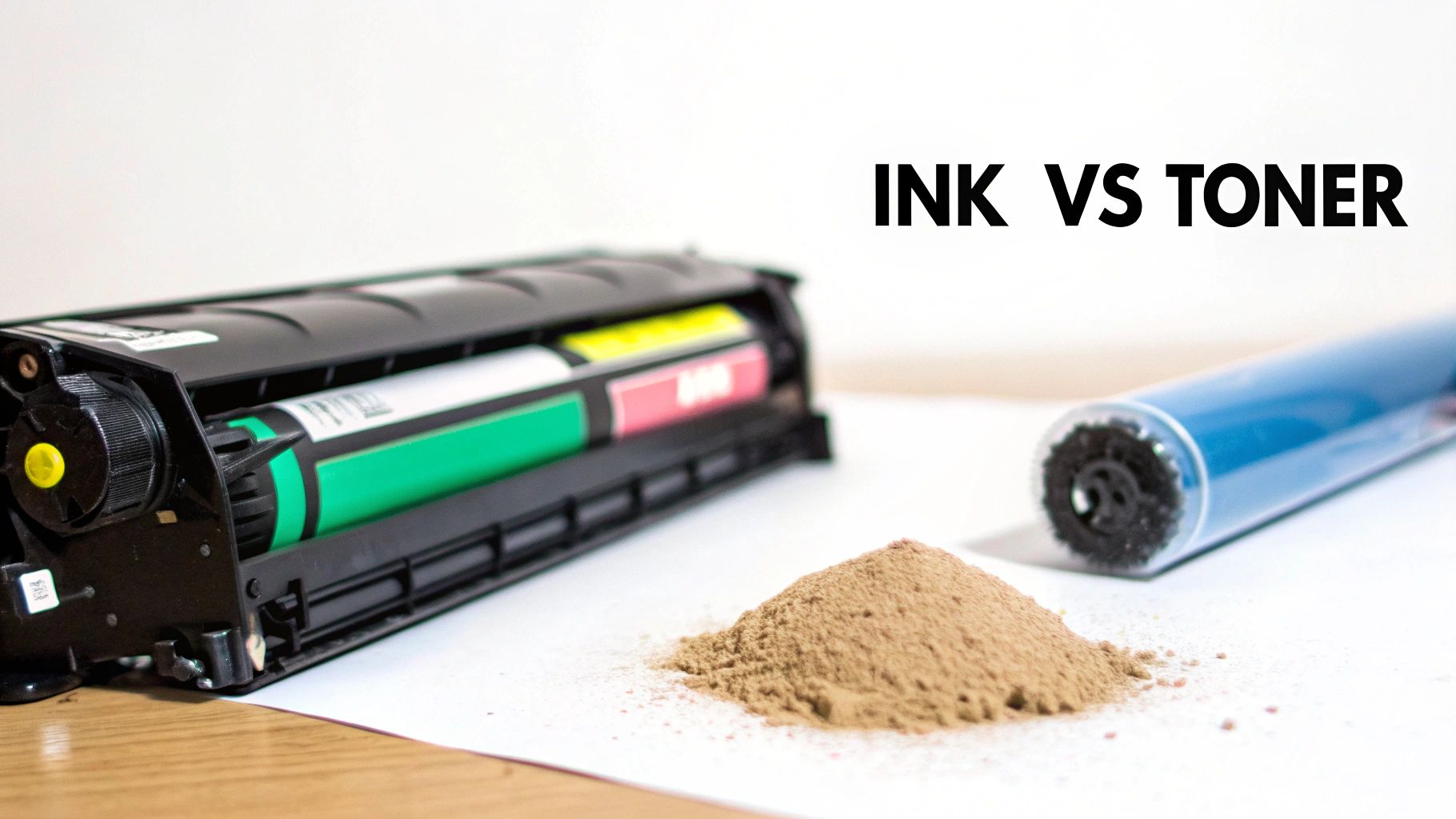 A printer toner cartridge, a pile of toner powder, and a drum unit on a white surface, illustrating ink vs toner.