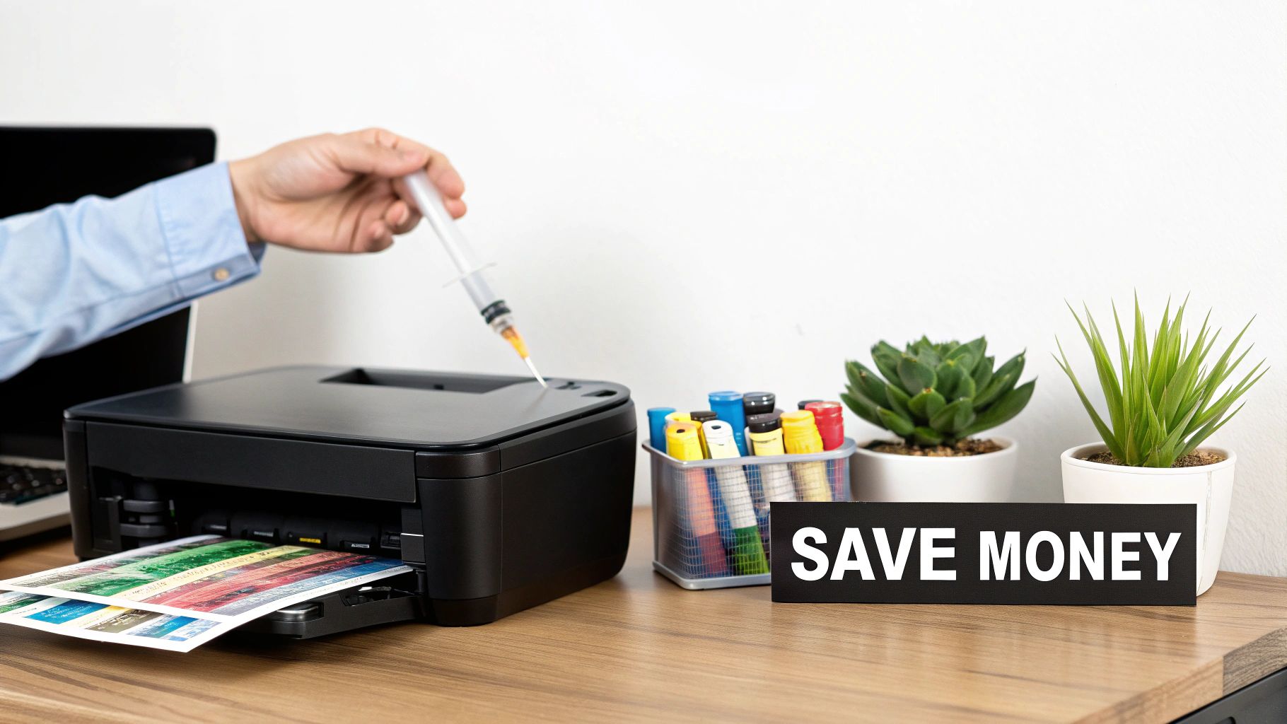 A person refilling an ink cartridge with a syringe, demonstrating the DIY process.