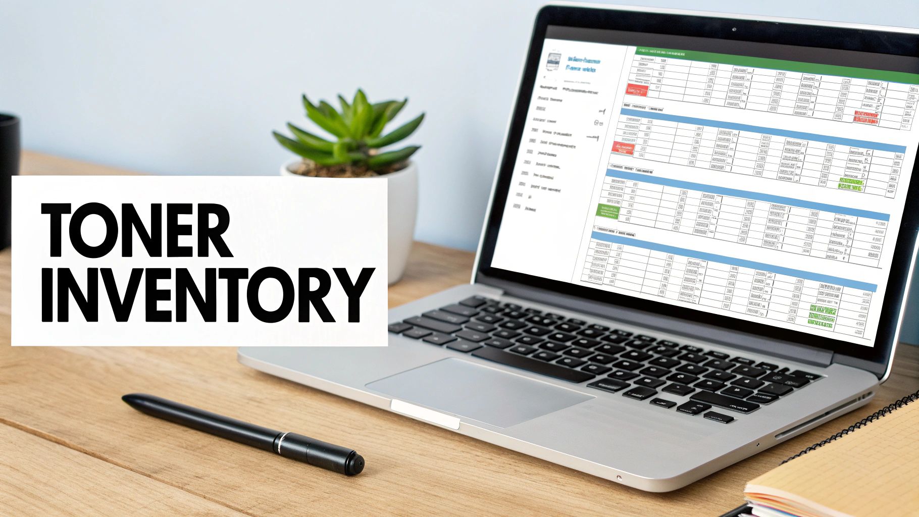 A laptop on a wooden desk displaying a toner inventory spreadsheet, next to a pen and a plant.