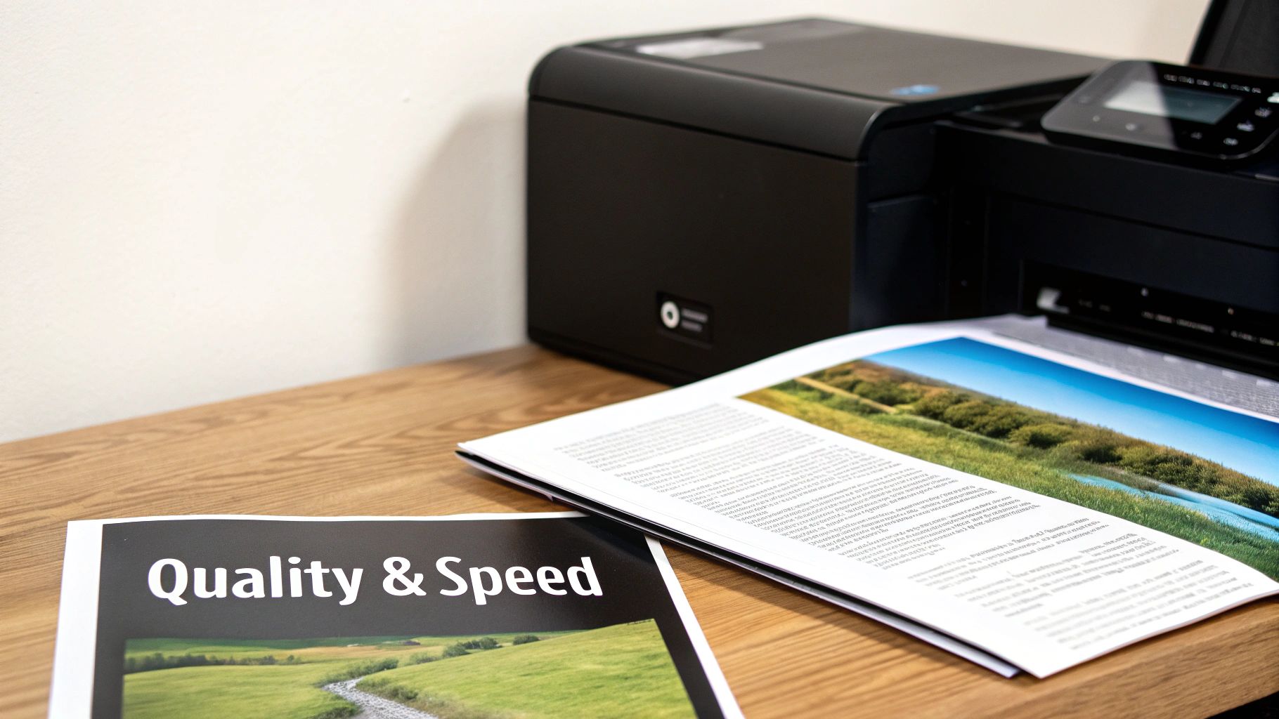 Black printer on a wooden desk with documents displaying 'Quality & Speed' and landscape images.