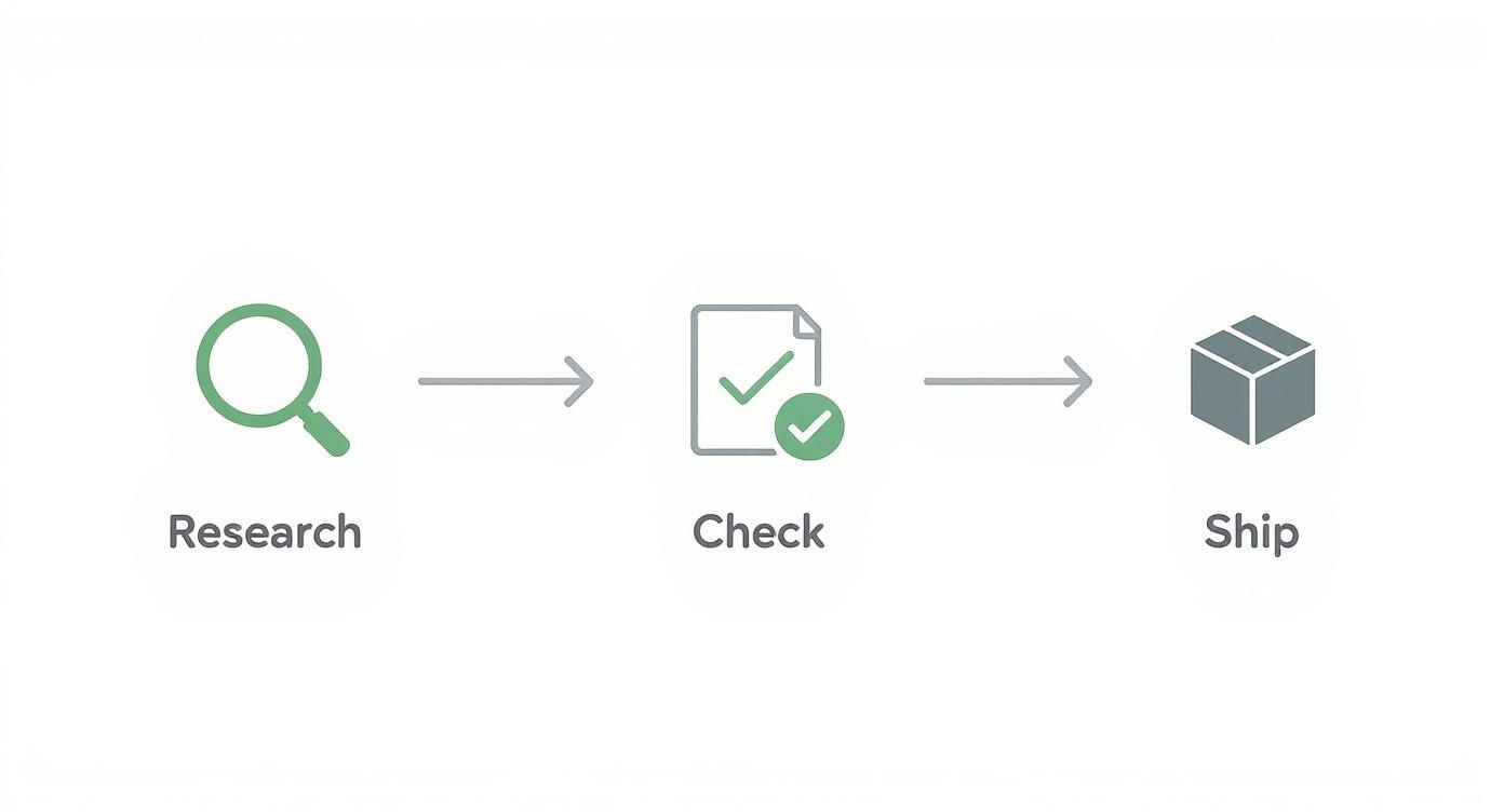 A three-step workflow diagram showing Research (magnifying glass), Check (document with checkmarks), and Ship (package icon).