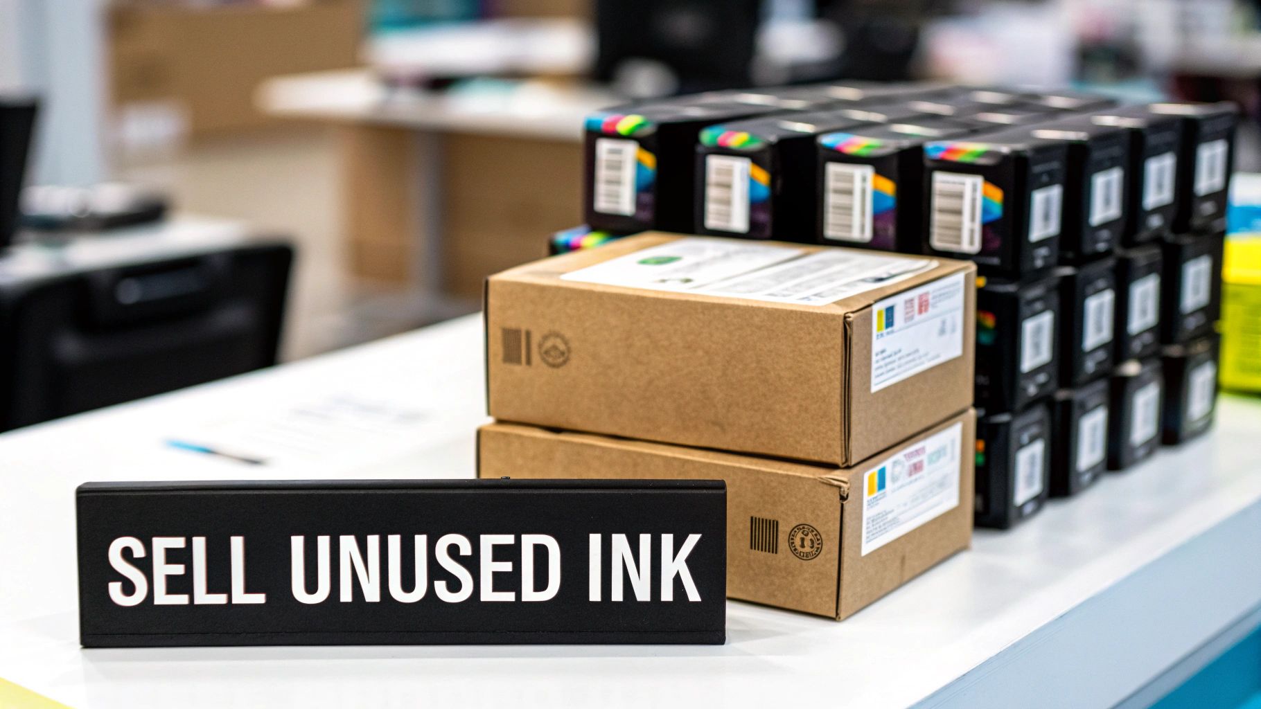 A person holding a new, unopened pigment printer ink cartridge, inspecting its holographic seal and box condition.