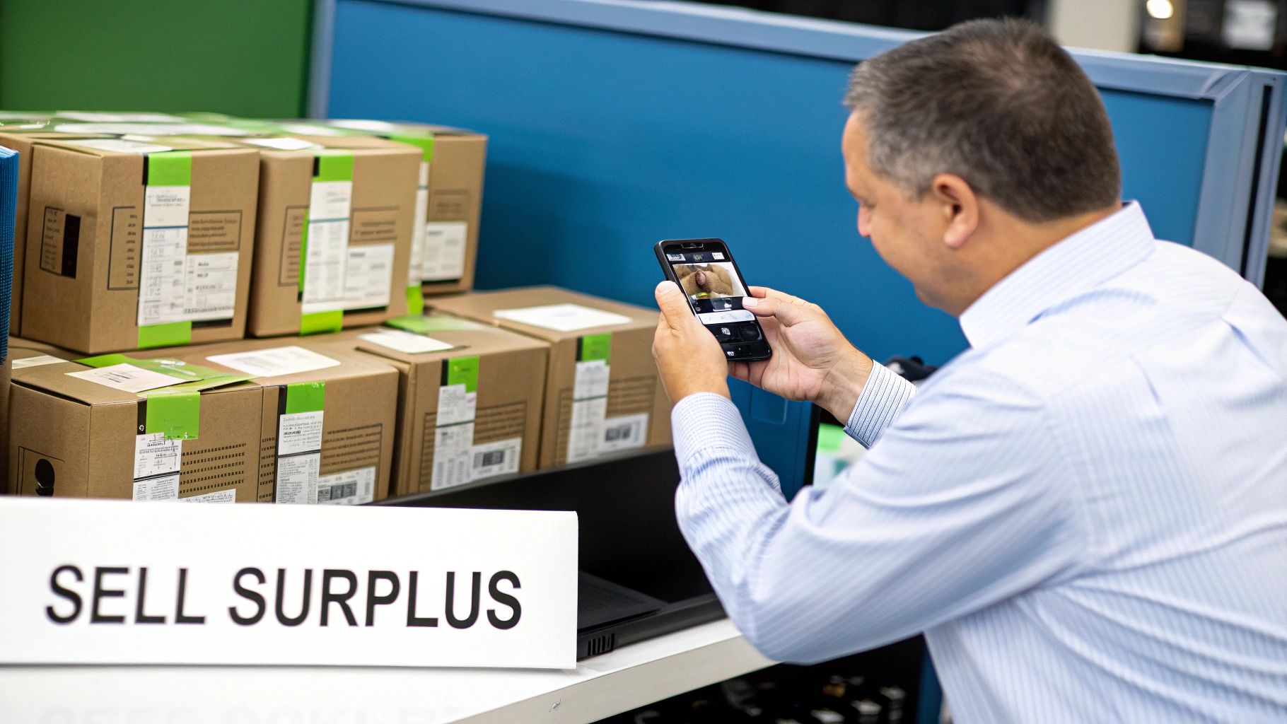 A man in a striped shirt photographs brown shipping boxes labeled with green tape. A "SELL SURPLUS" sign is in the foreground.