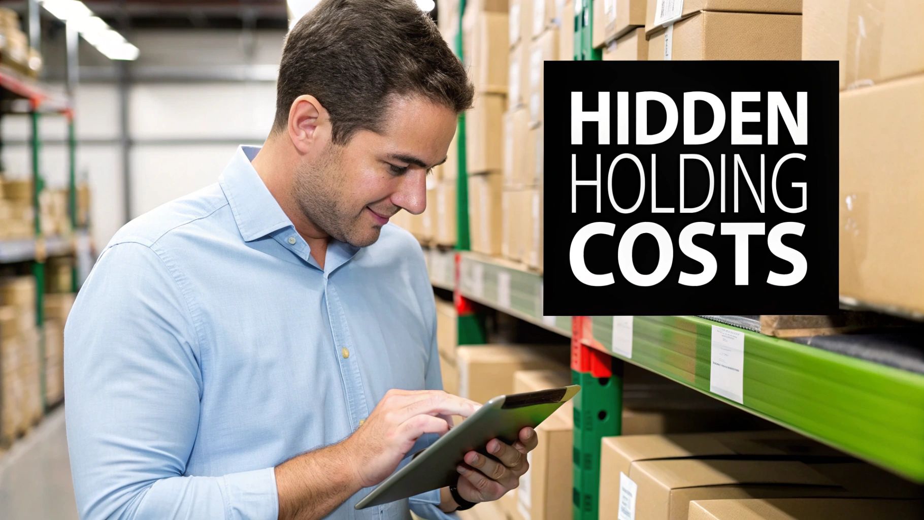 A smiling man using a tablet to manage inventory in a warehouse, with 'Hidden Holding Costs' overlay.