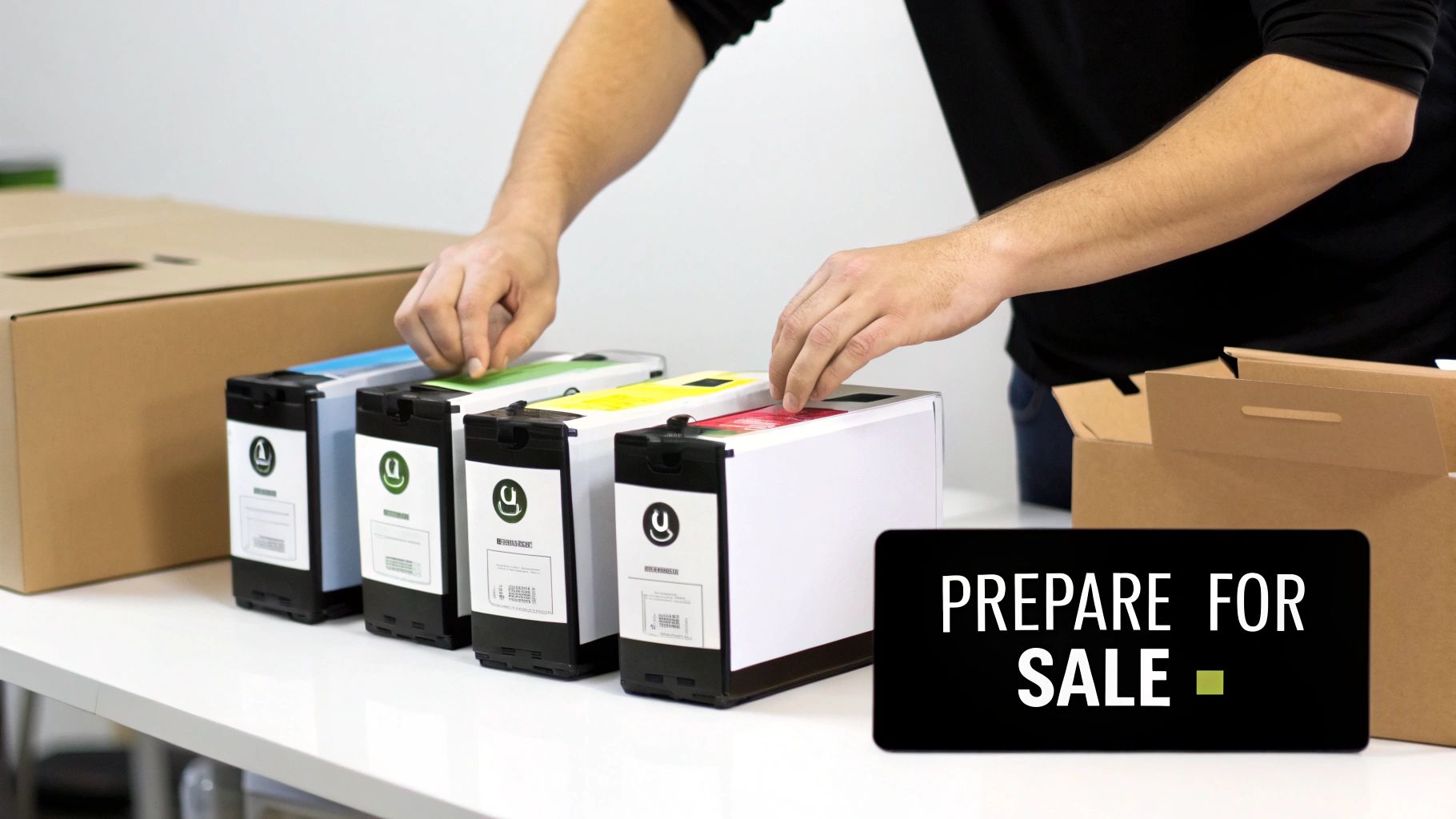 Person organizing colorful printer ink cartridges in packaging boxes preparing items for resale