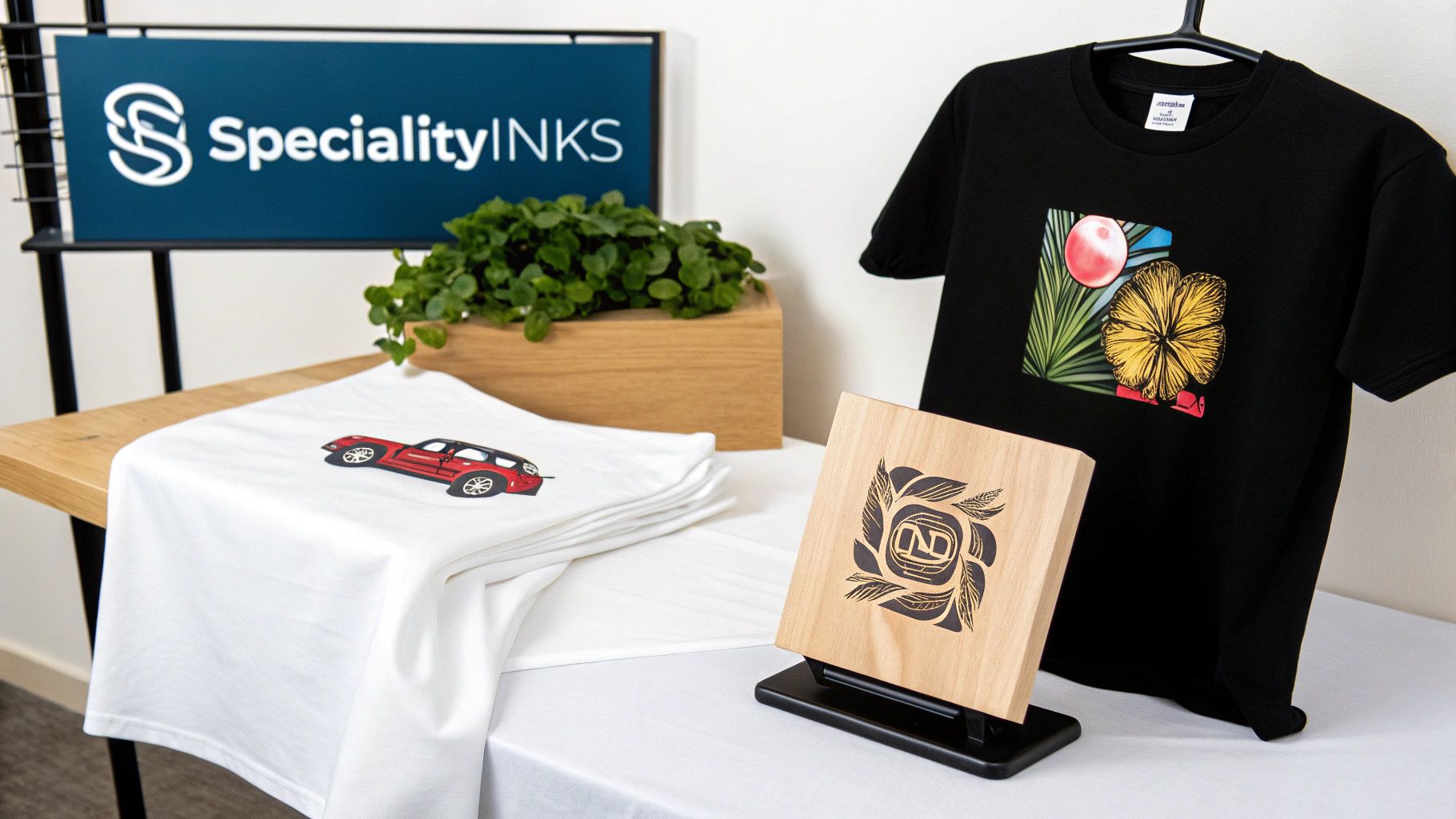 Person comparing different ink cartridges in front of a printer