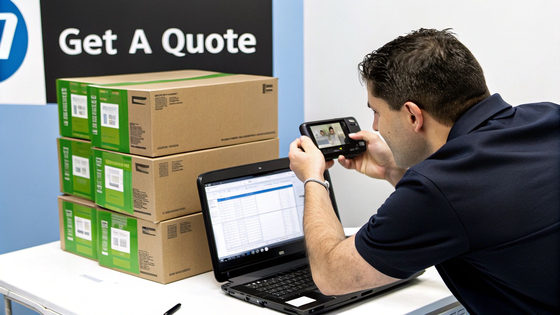 Man photographing stacked brown boxes next to a laptop displaying data, with a 'Get A Quote' sign.