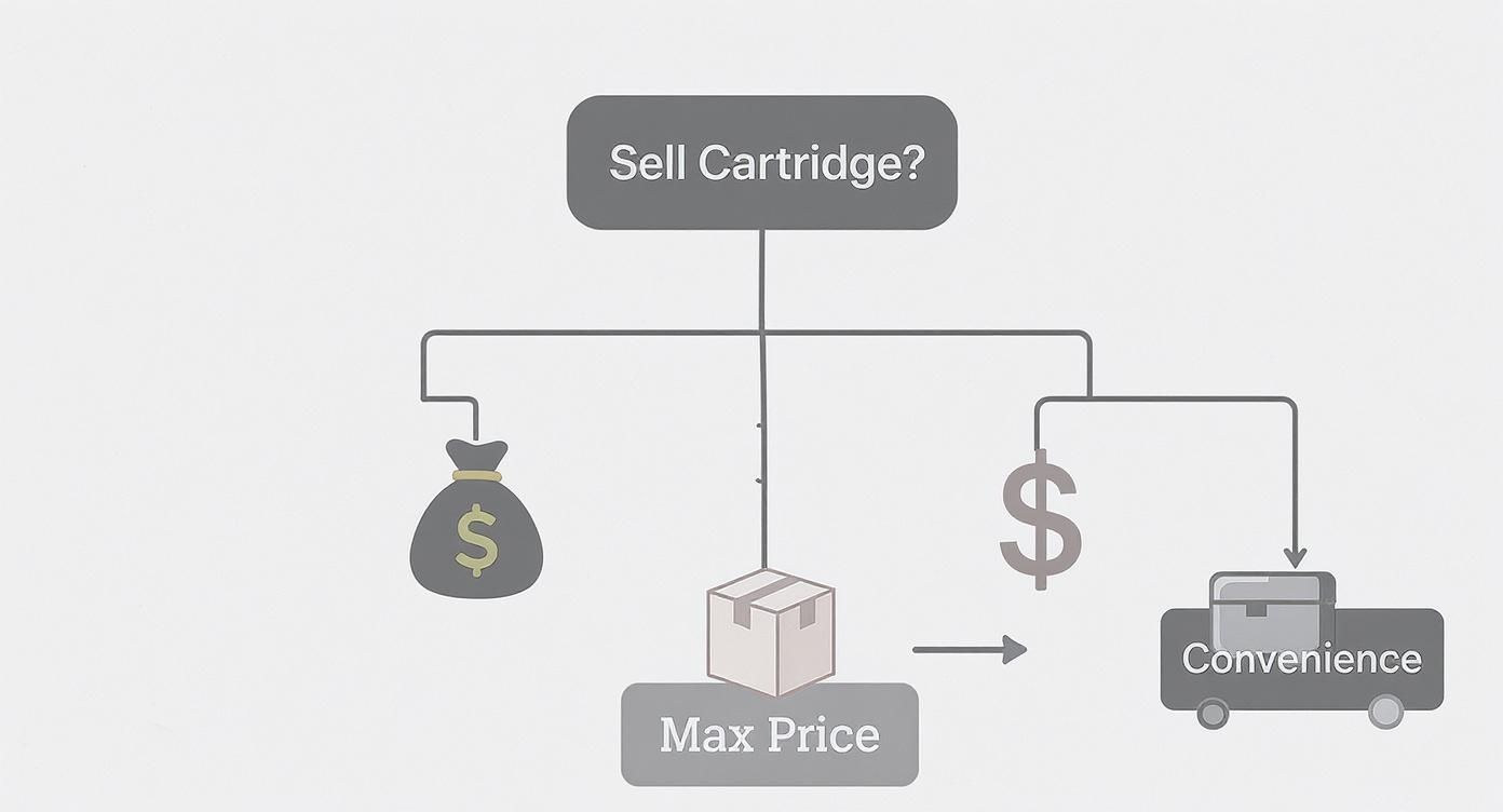 Flowchart showing options to sell ink cartridges for cash, maximum price, or convenience delivery